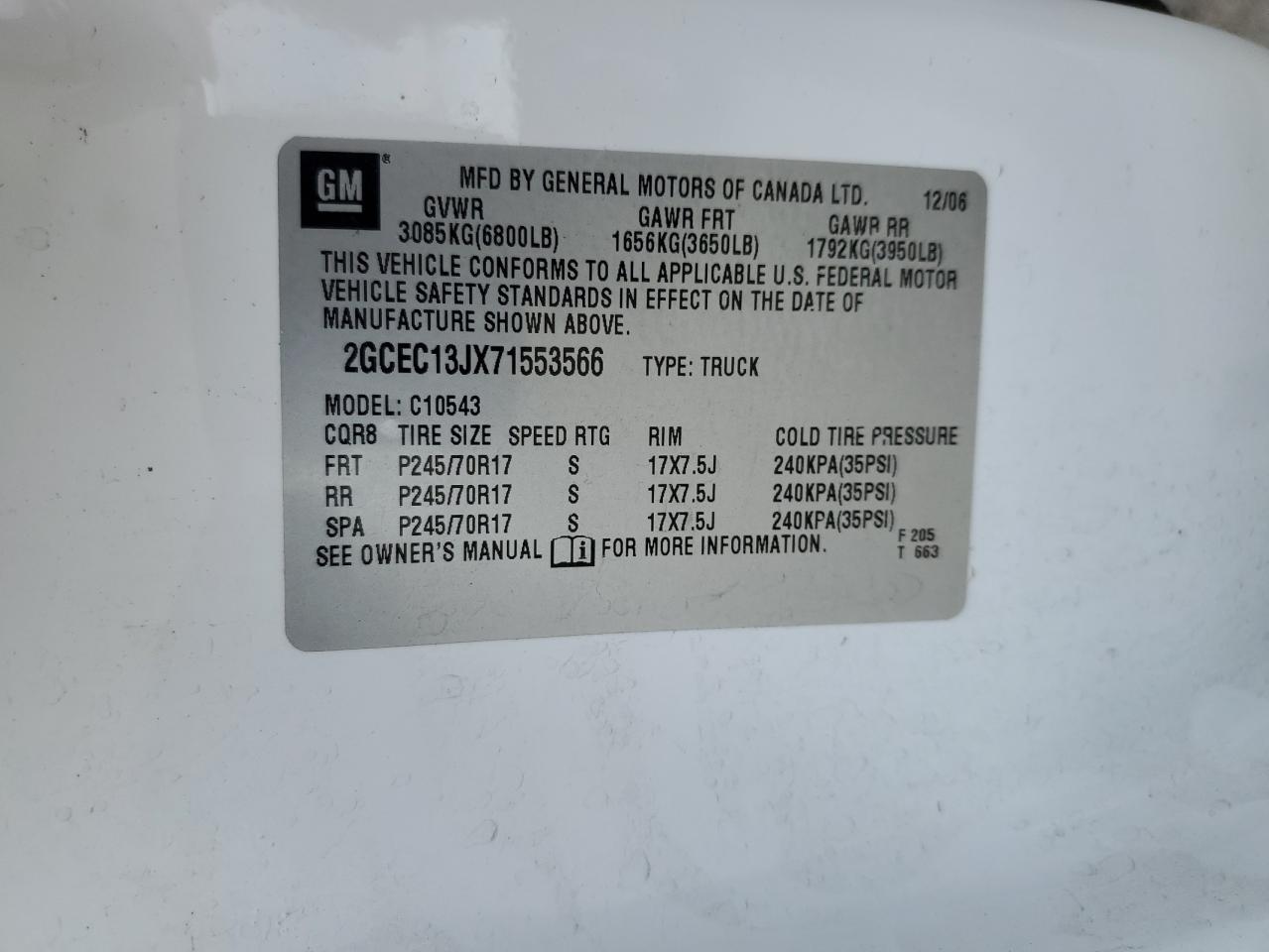 2007 Chevrolet 1500 White vin: 2GCEC13JX71553566