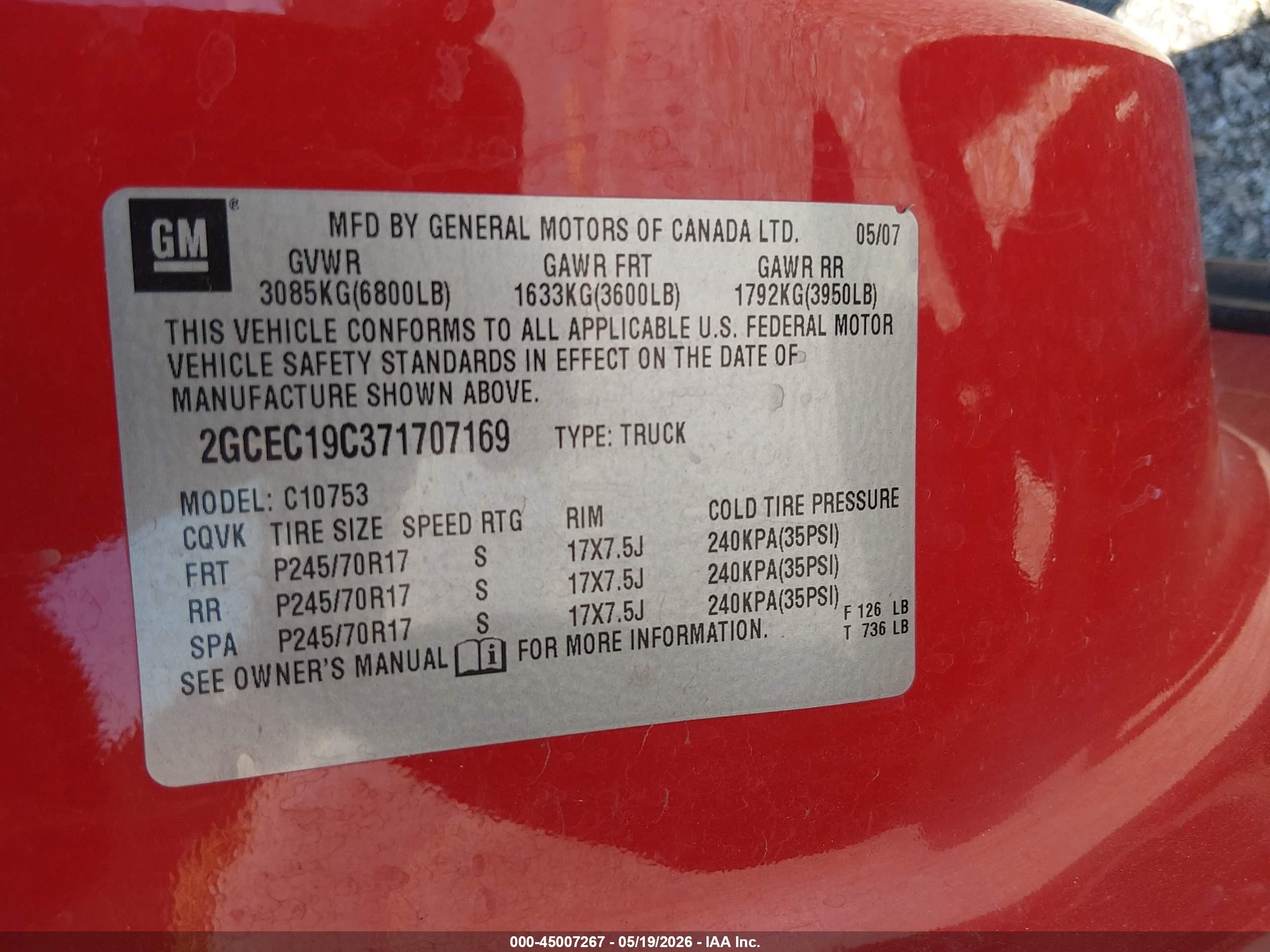 2007 Chevrolet Silverado 1500 Lt1 Red vin: 2GCEC19C371707169