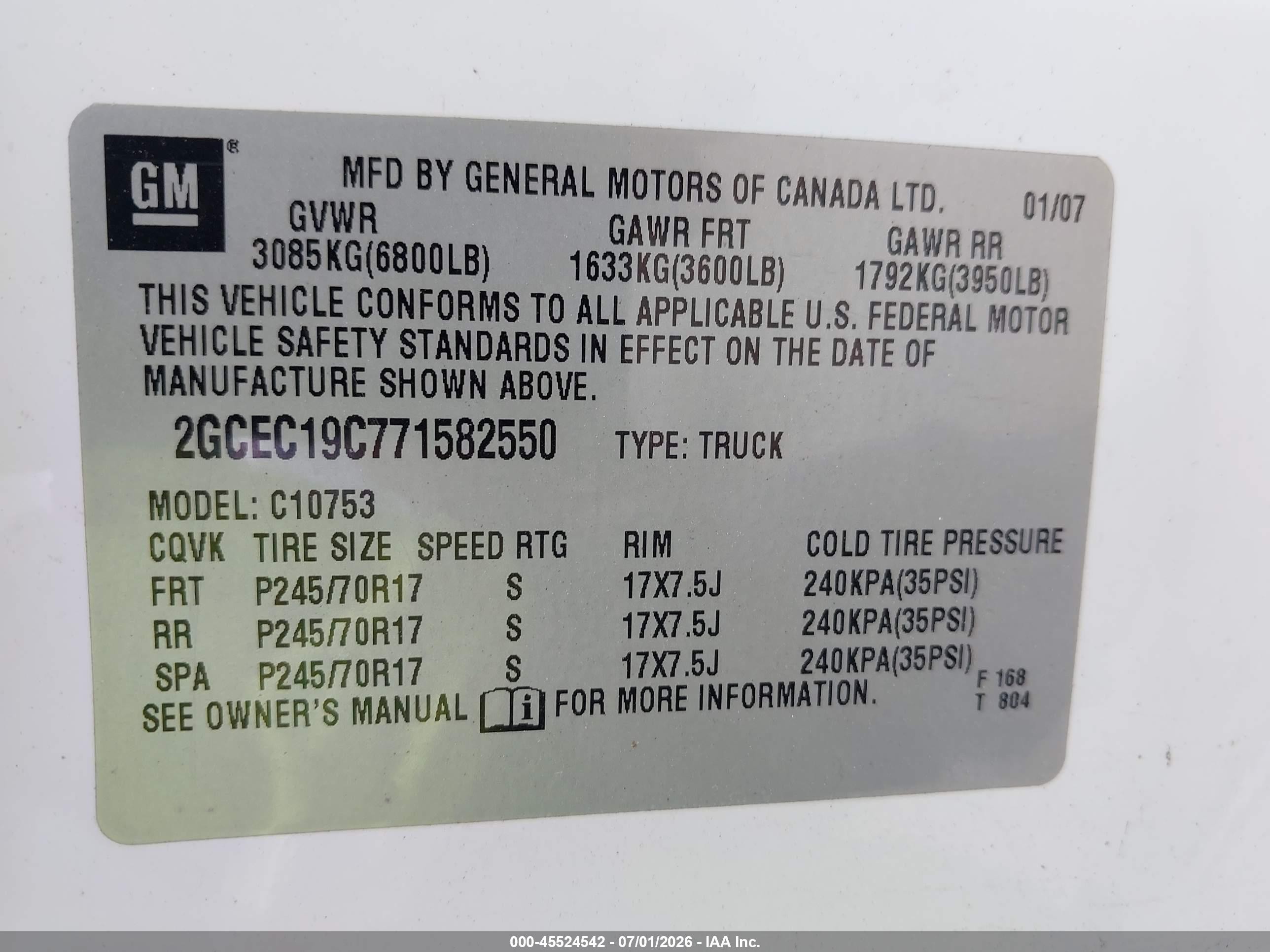 2007 Chevrolet Silverado 1500 Work Truck White vin: 2GCEC19C771582550