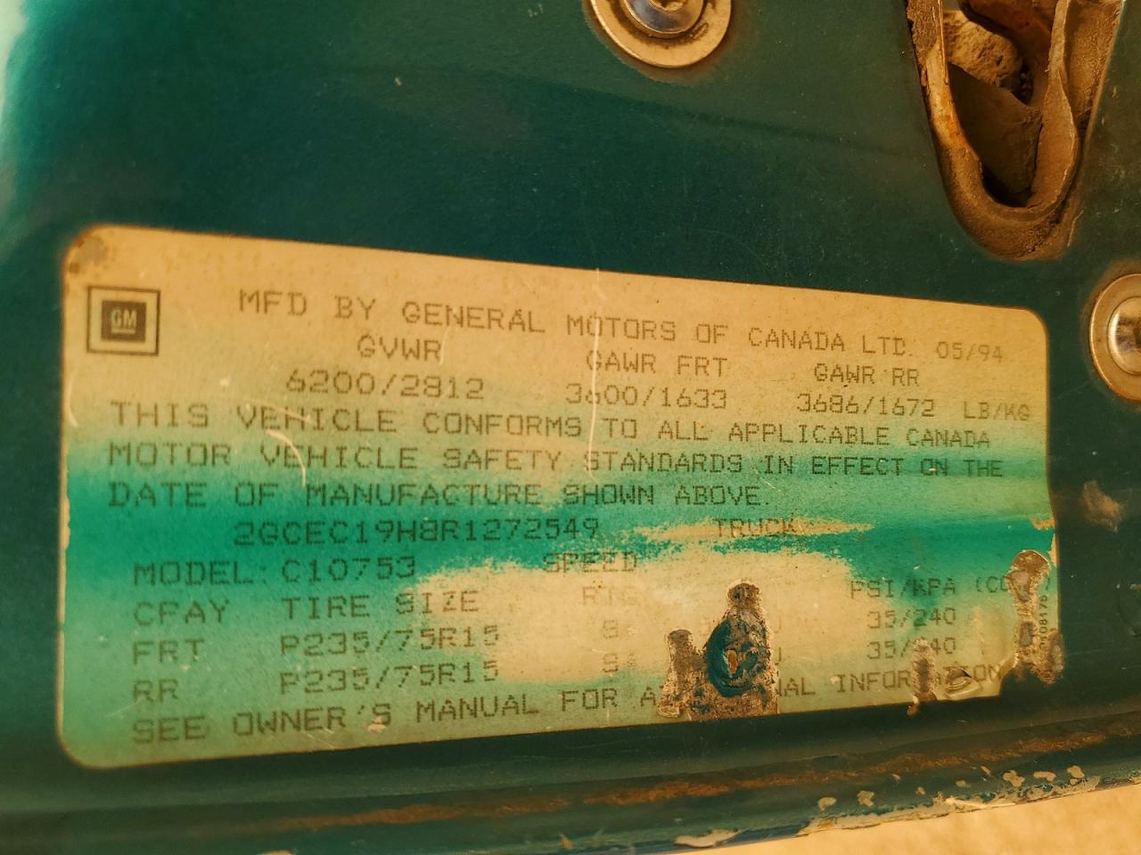 1994 Chevrolet Gmt-400 C1500 Teal vin: 2GCEC19H8R1272549