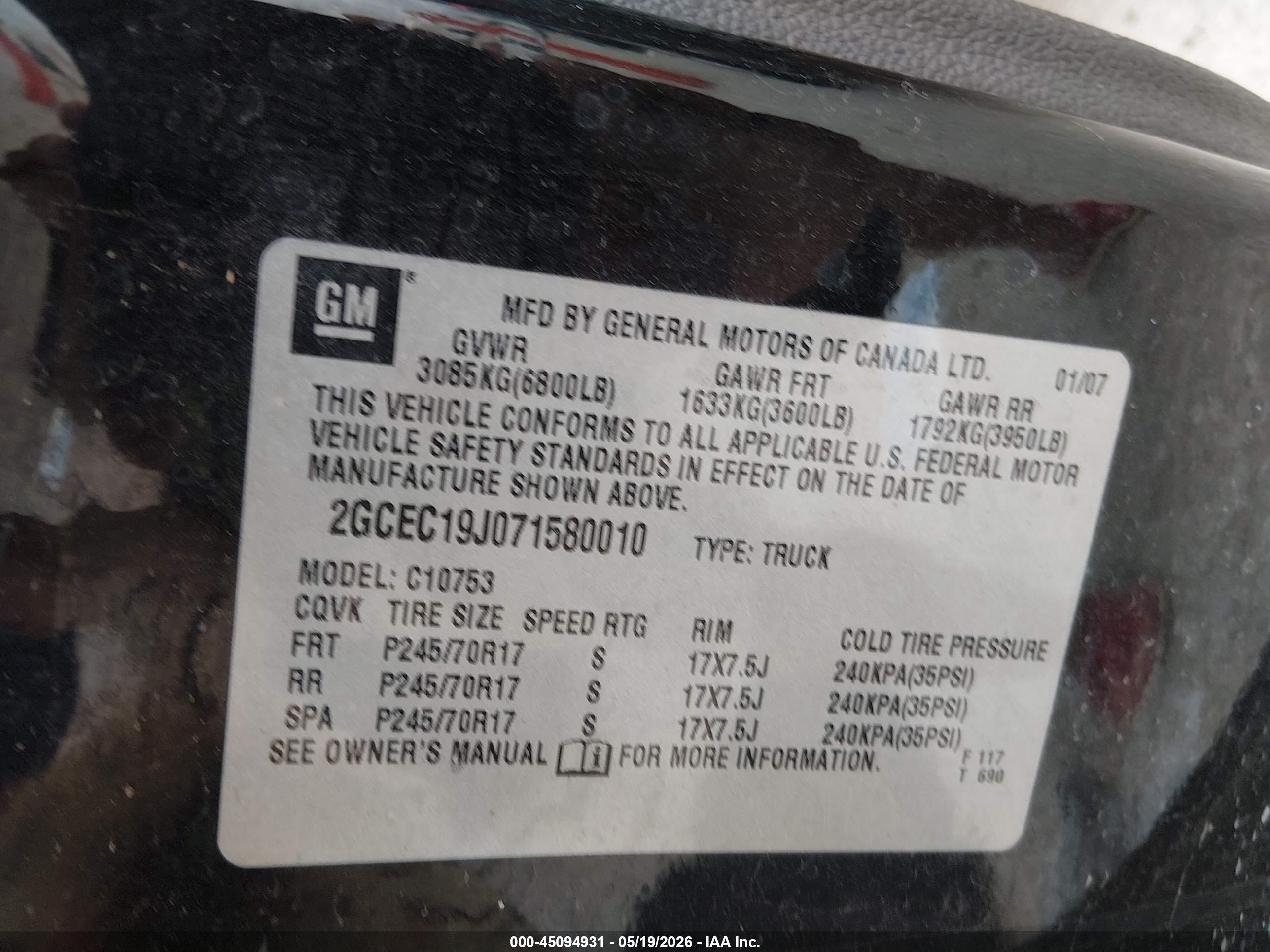 2007 Chevrolet Silverado 1500 Lt1 Black vin: 2GCEC19J071580010
