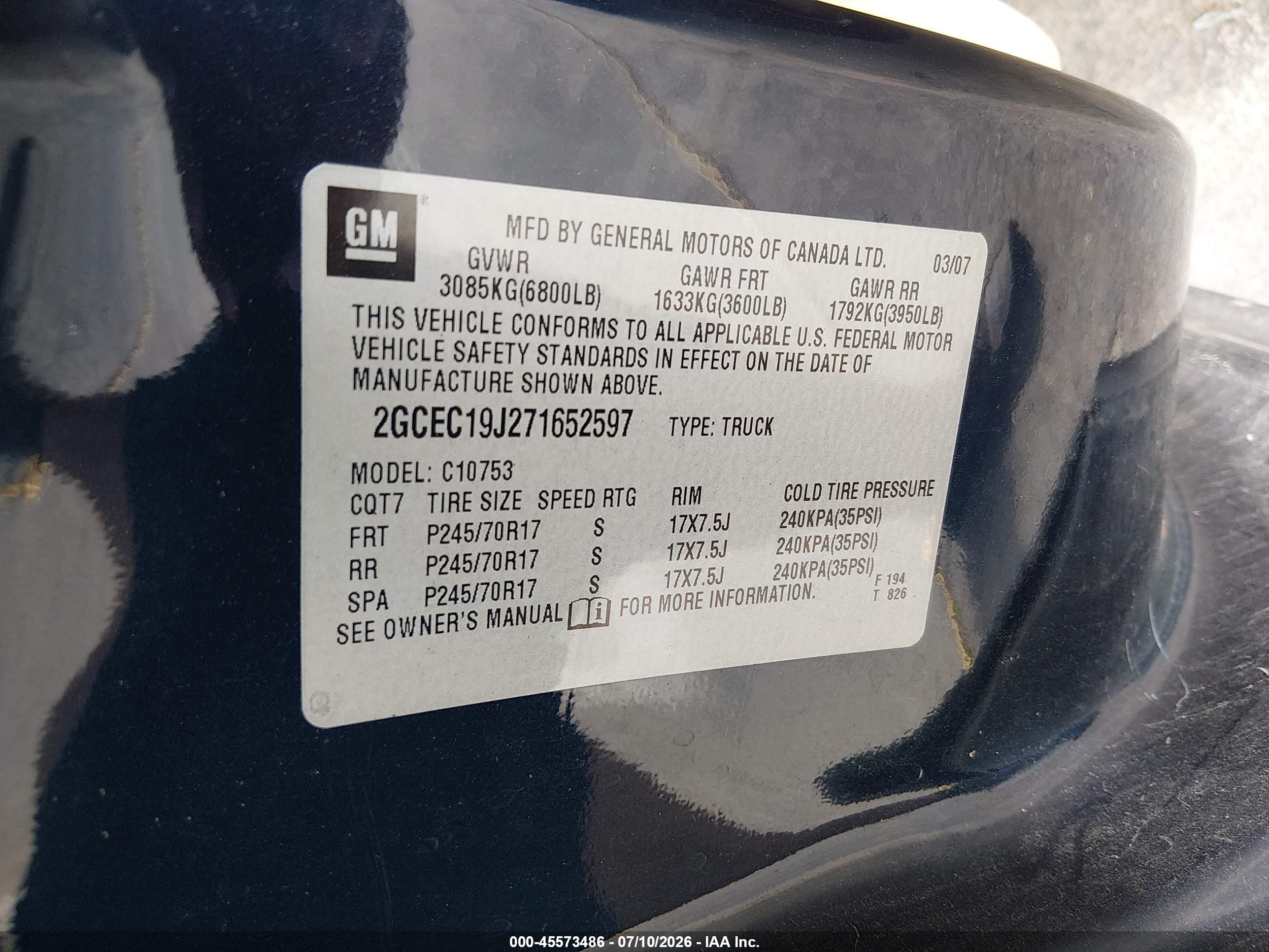 2007 Chevrolet Silverado 1500 Lt2 Black vin: 2GCEC19J271652597