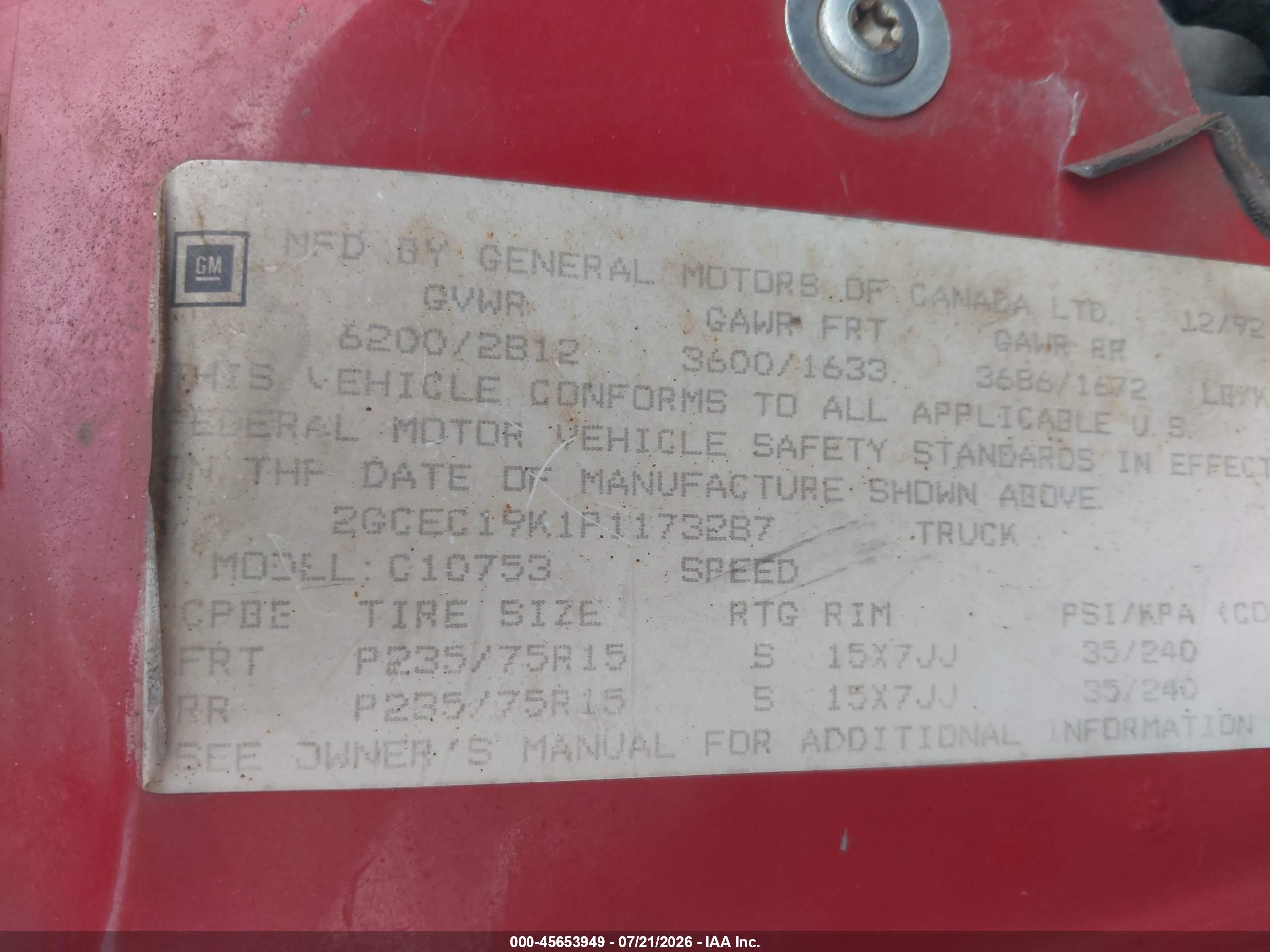 1993 Chevrolet Gmt-400 C1500 Red vin: 2GCEC19K1P1173287