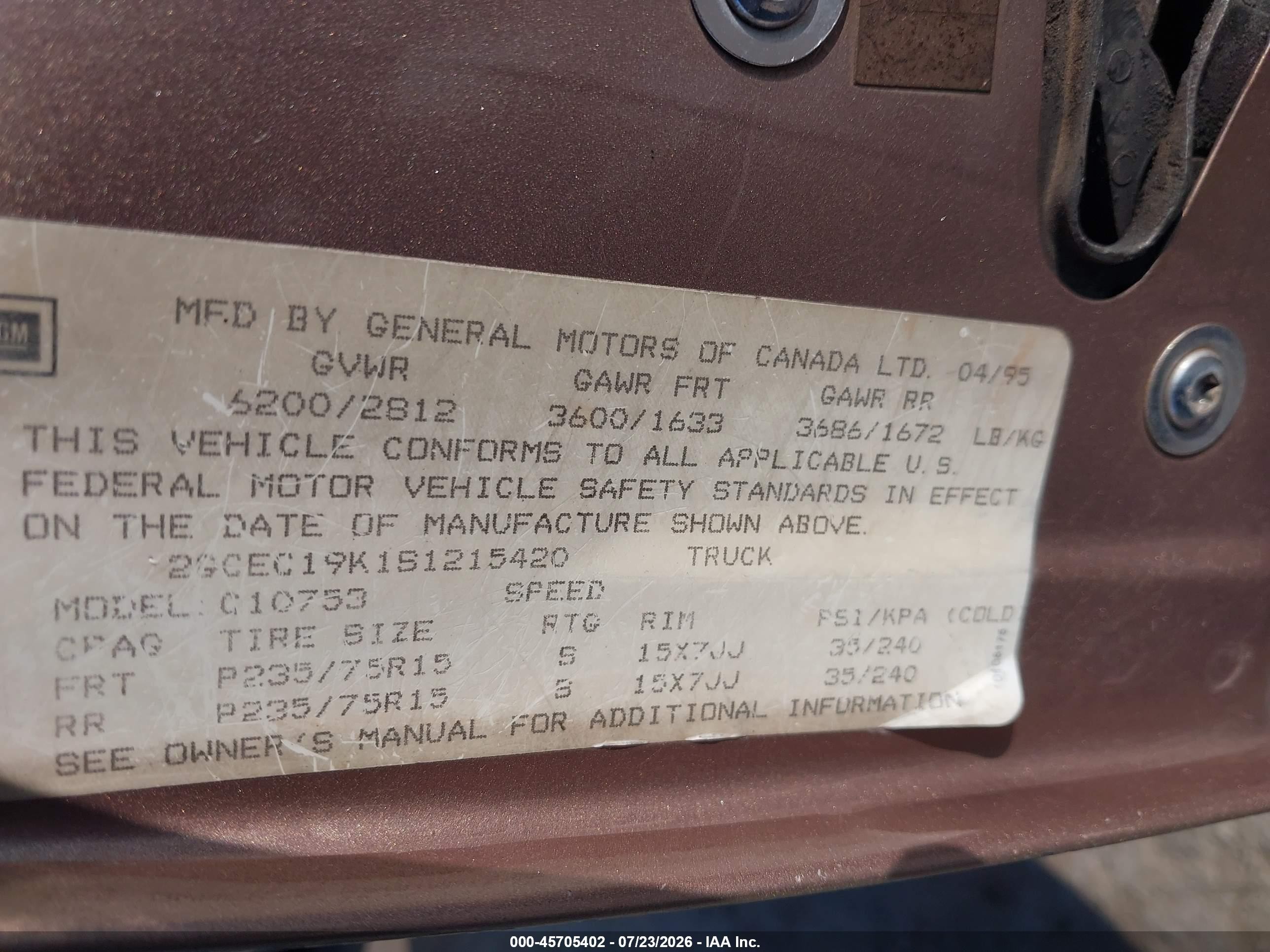 1995 Chevrolet Gmt-400 C1500 Beige vin: 2GCEC19K1S1215420