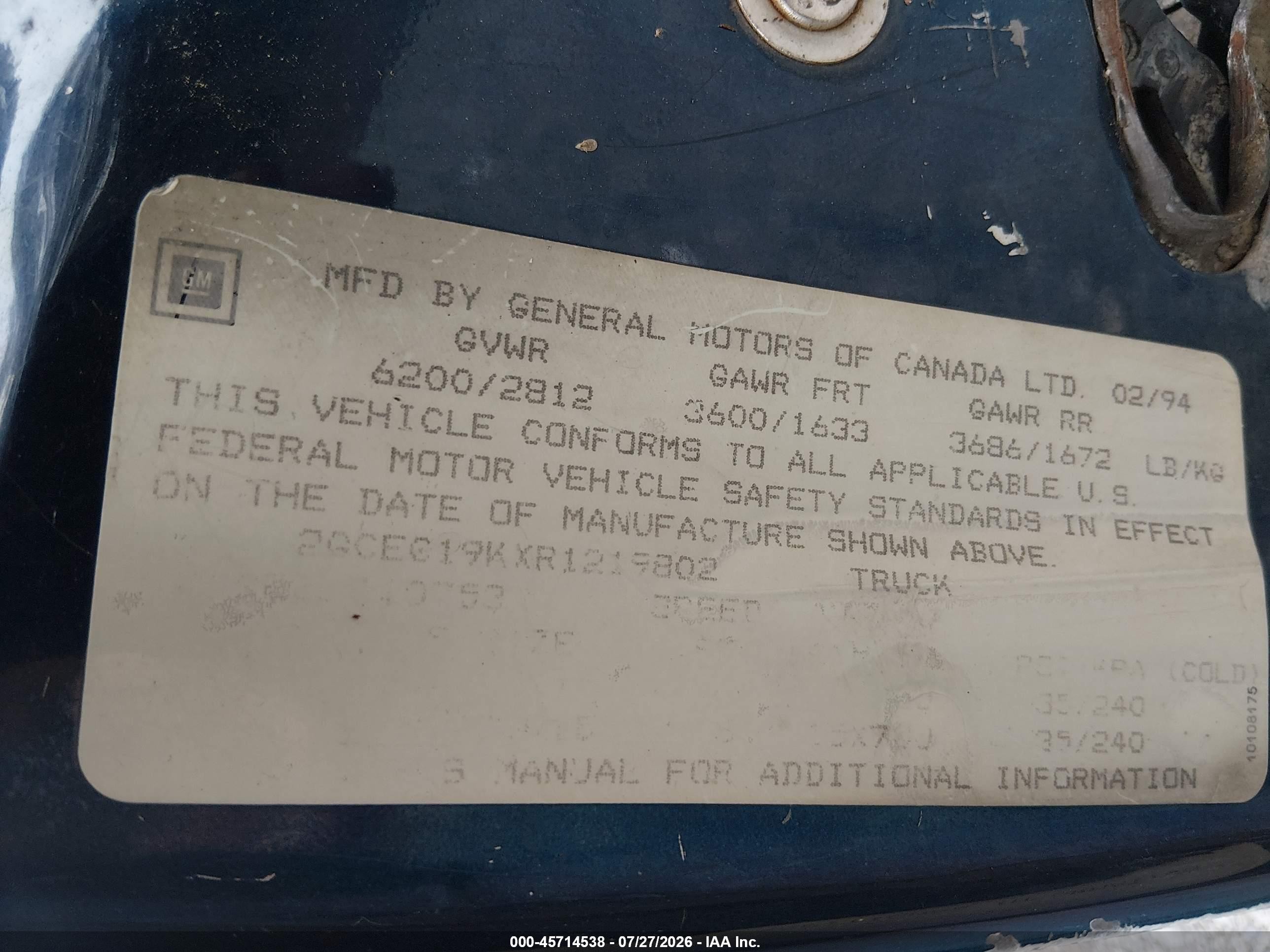 1993 Chevrolet Gmt-400 C1500 Blue vin: 2GCEC19K8P1241522