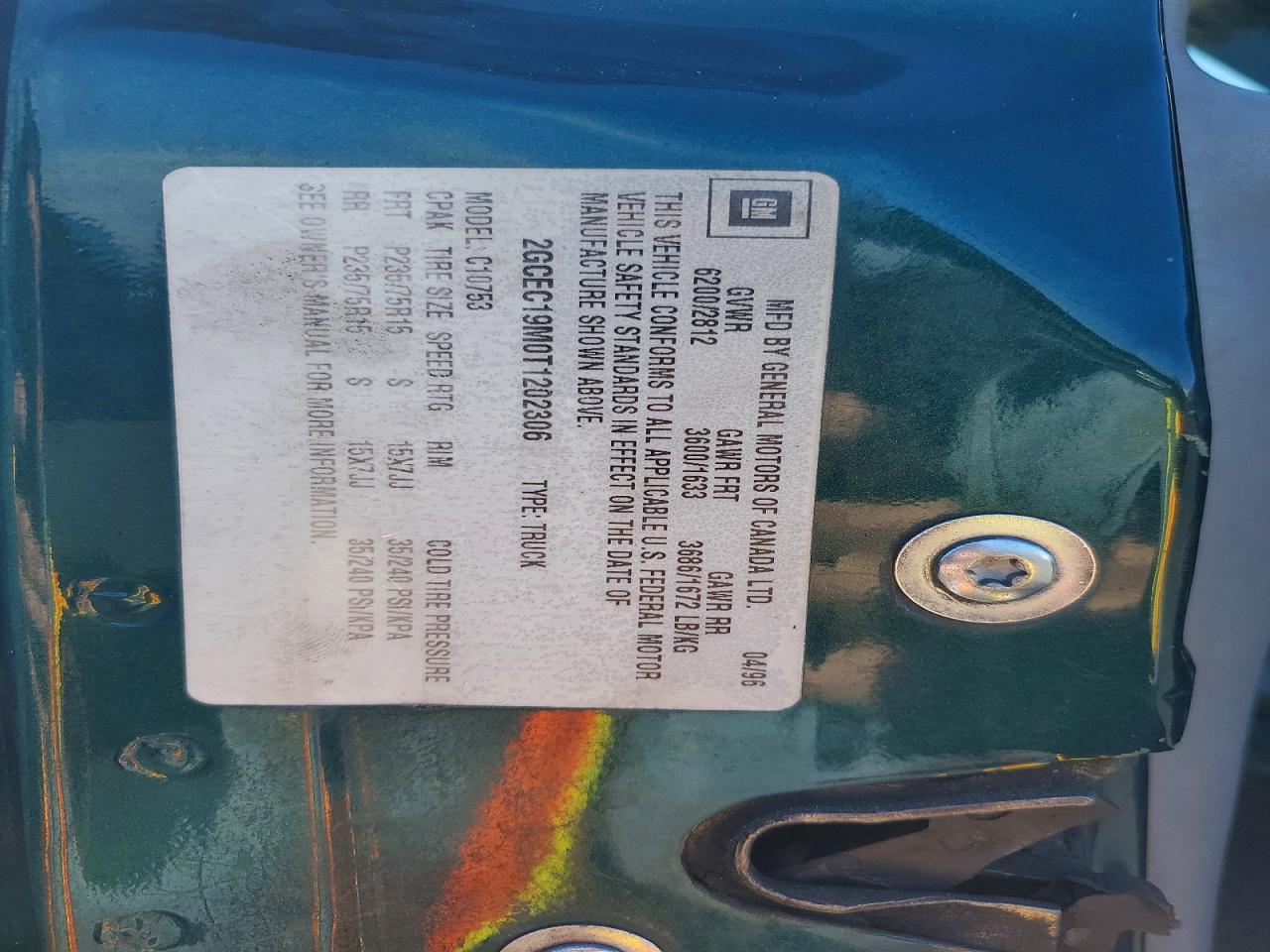 1996 Chevrolet Gmt-400 C1500 Green vin: 2GCEC19M0T1202306