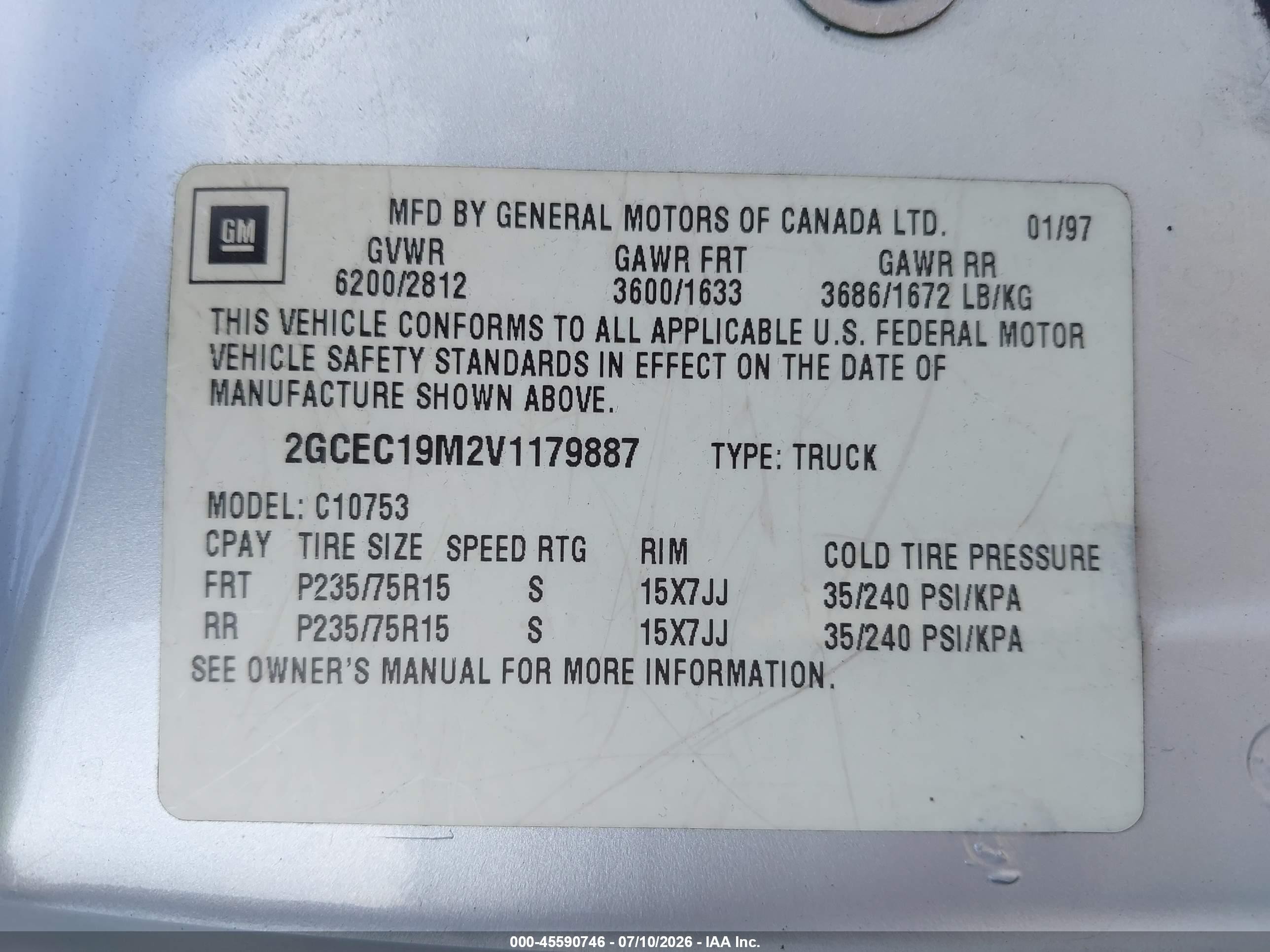 1997 Chevrolet C1500 Fleetside Gray vin: 2GCEC19M2V1179887