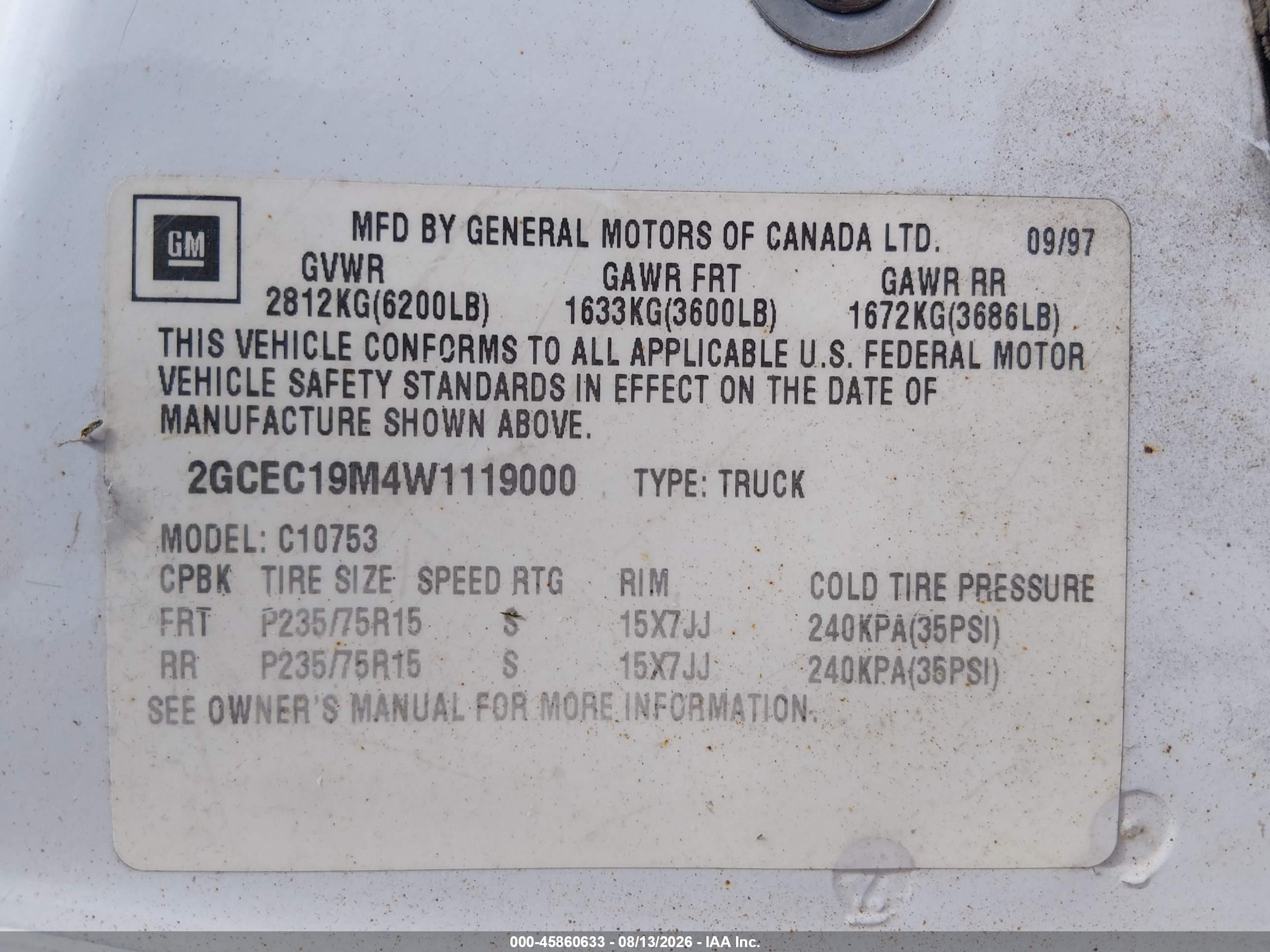 1998 Chevrolet C/k 1500 Fleetside White vin: 2GCEC19M4W1119000
