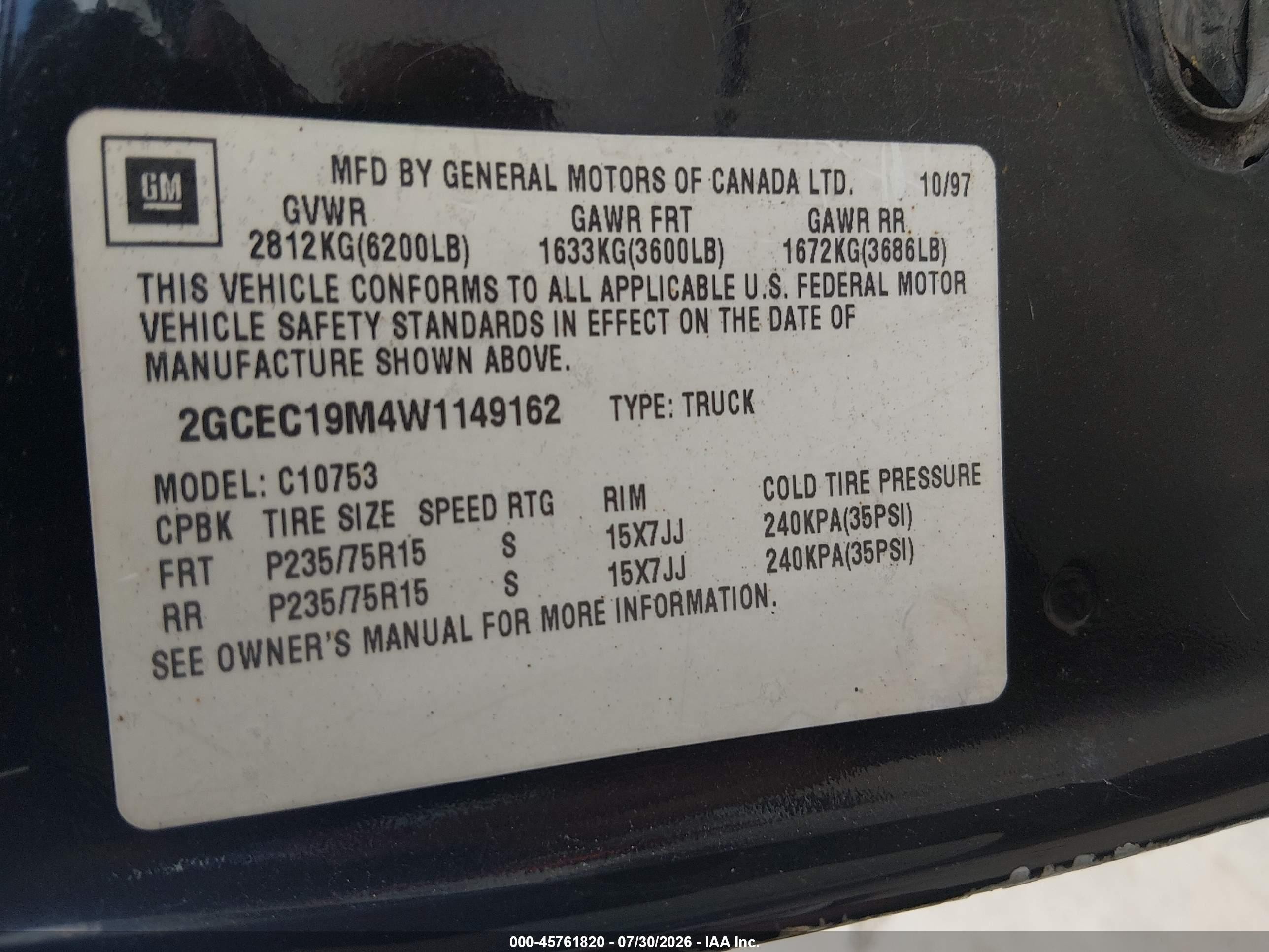 1998 Chevrolet C/k 1500 Fleetside Black vin: 2GCEC19M4W1149162