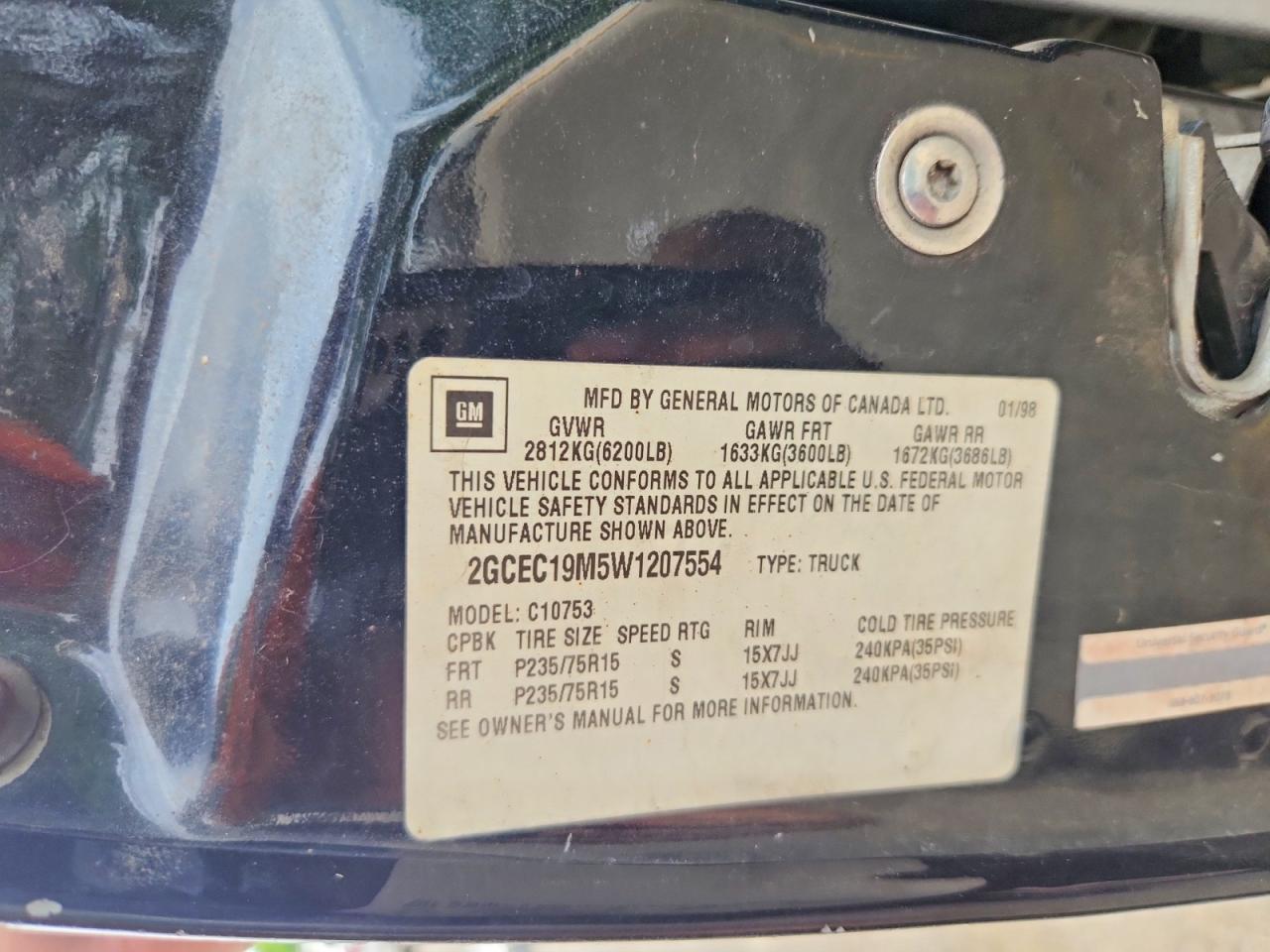 1998 Chevrolet Gmt-400 C1500 Black vin: 2GCEC19M5W1207554
