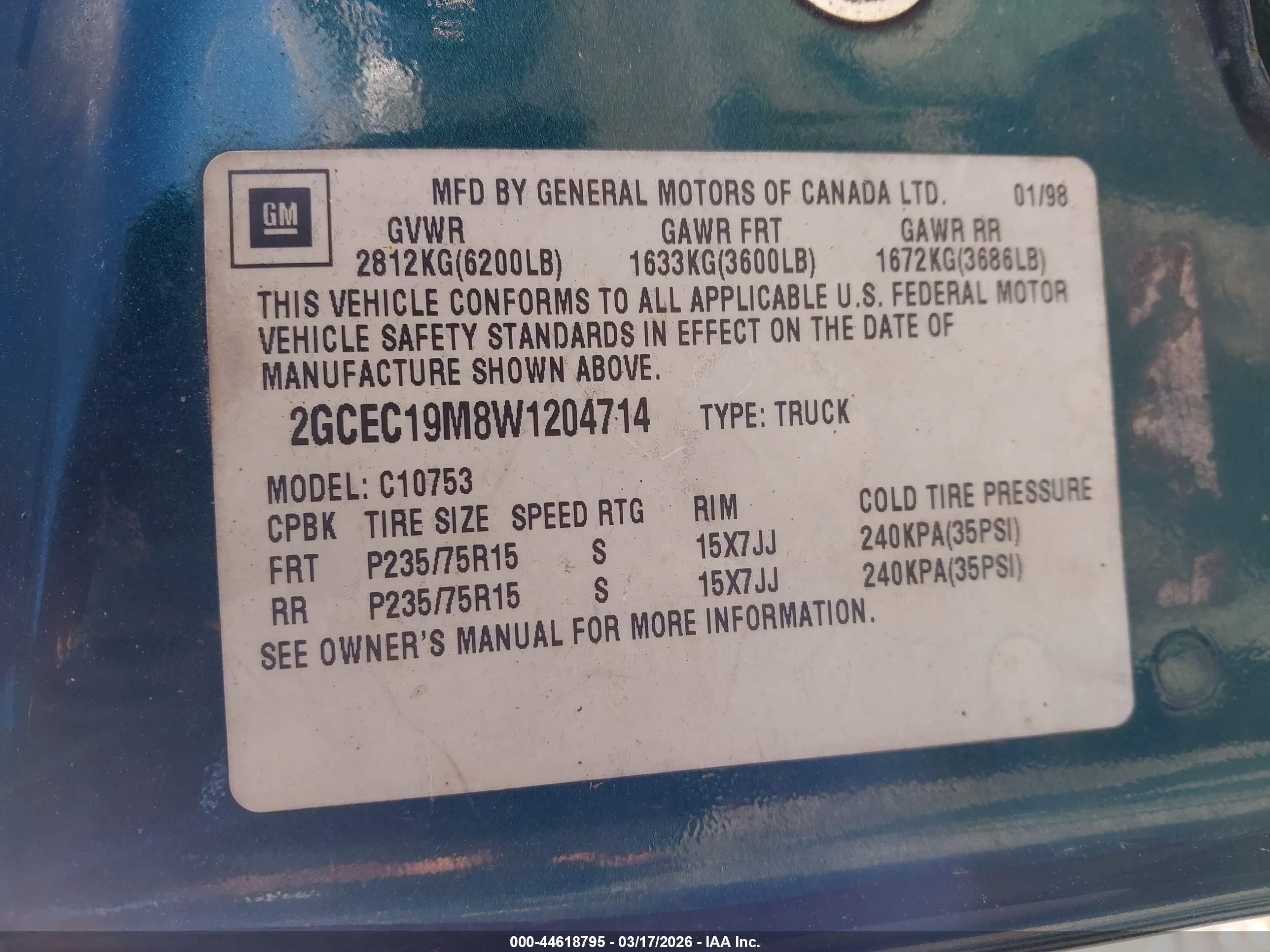 1998 Chevrolet C1500 Fleetside Green vin: 2GCEC19M8W1204714