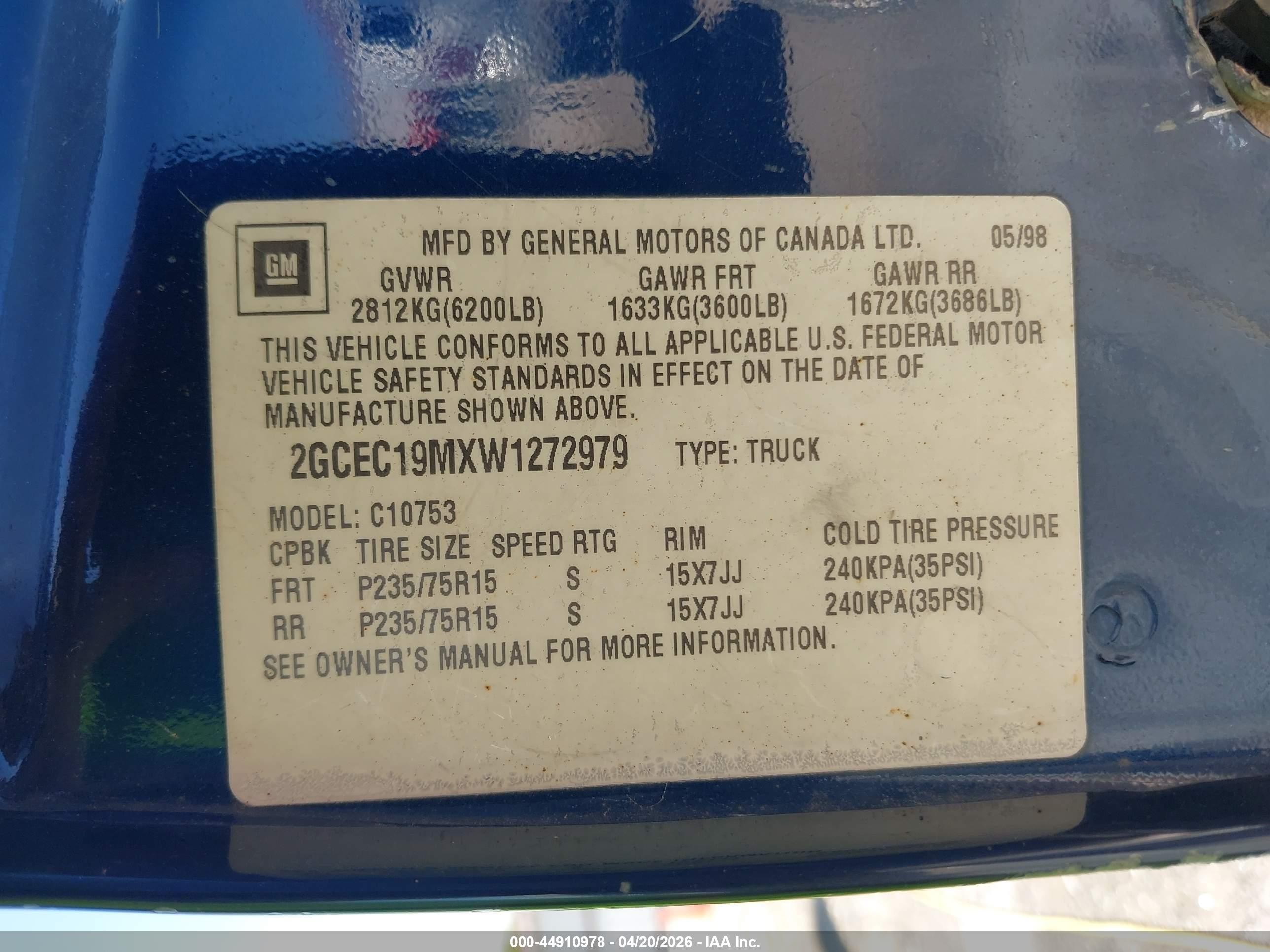 1998 Chevrolet C1500 Fleetside Blue vin: 2GCEC19MXW1272979