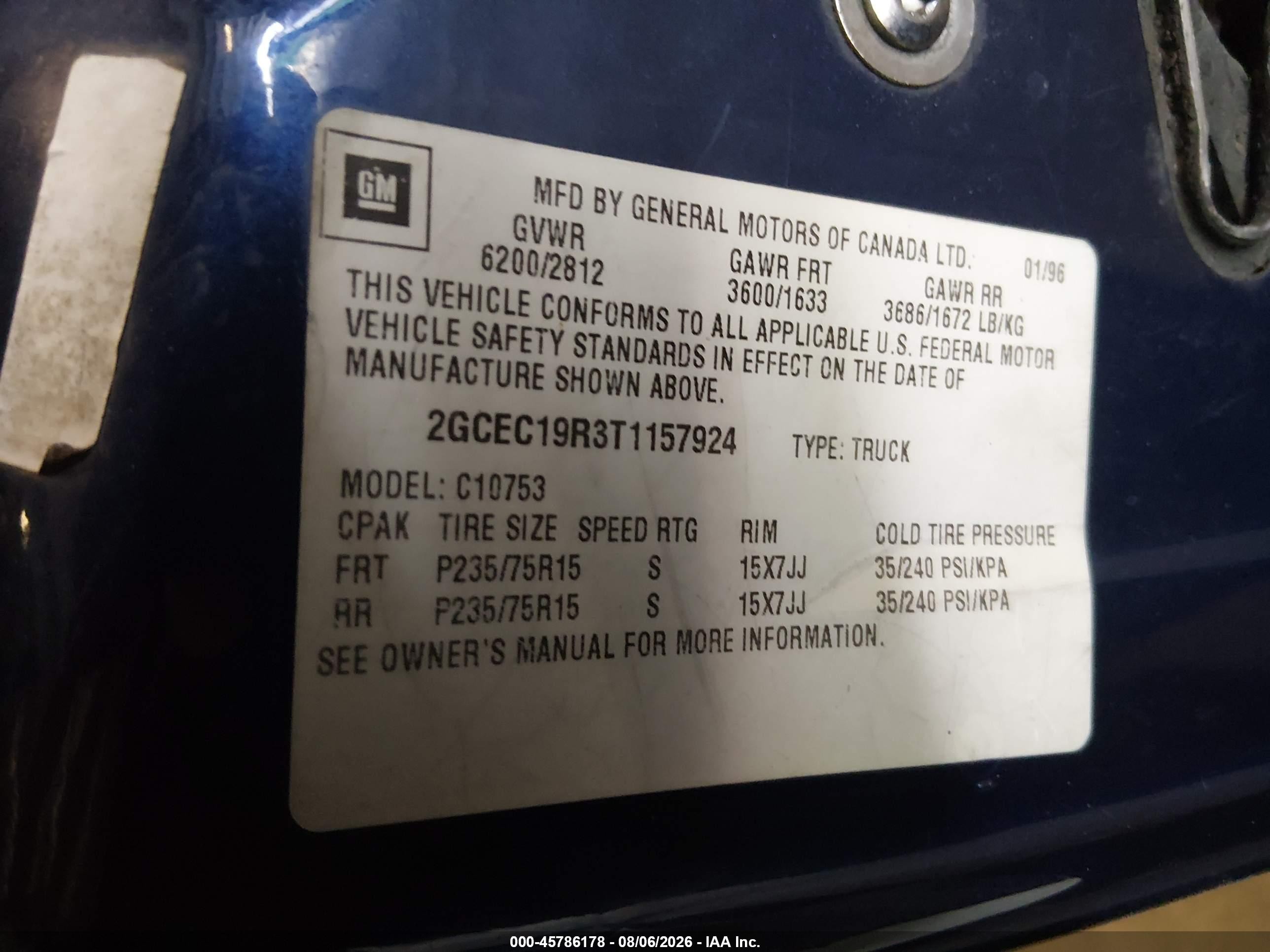 1996 Chevrolet Gmt-400 C1500 Blue vin: 2GCEC19R3T1157924