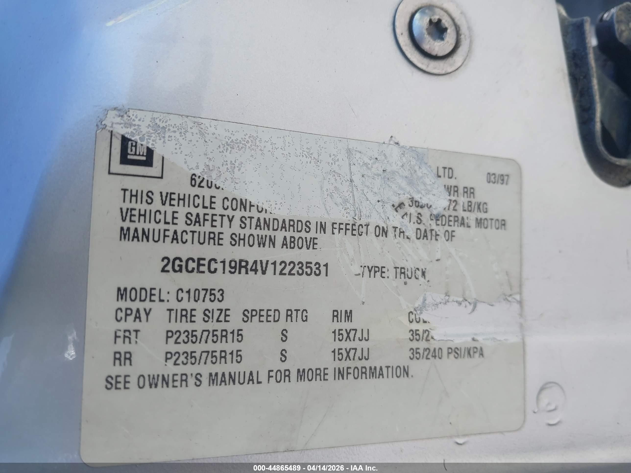 1997 Chevrolet C1500 Fleetside Gray vin: 2GCEC19R4V1223531