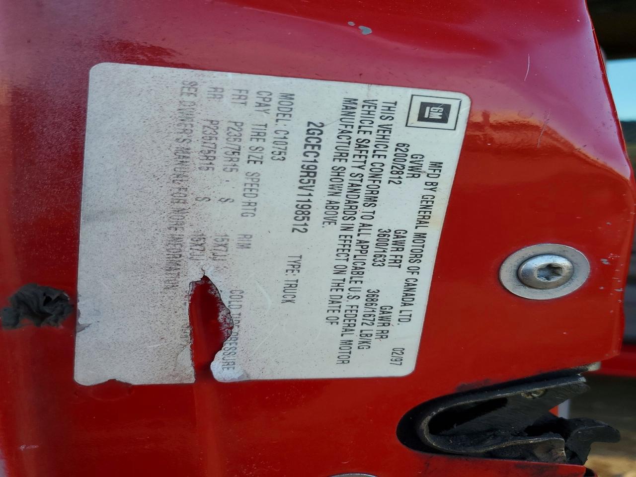 1997 Chevrolet Gmt-400 C1500 Red vin: 2GCEC19R5V1198512
