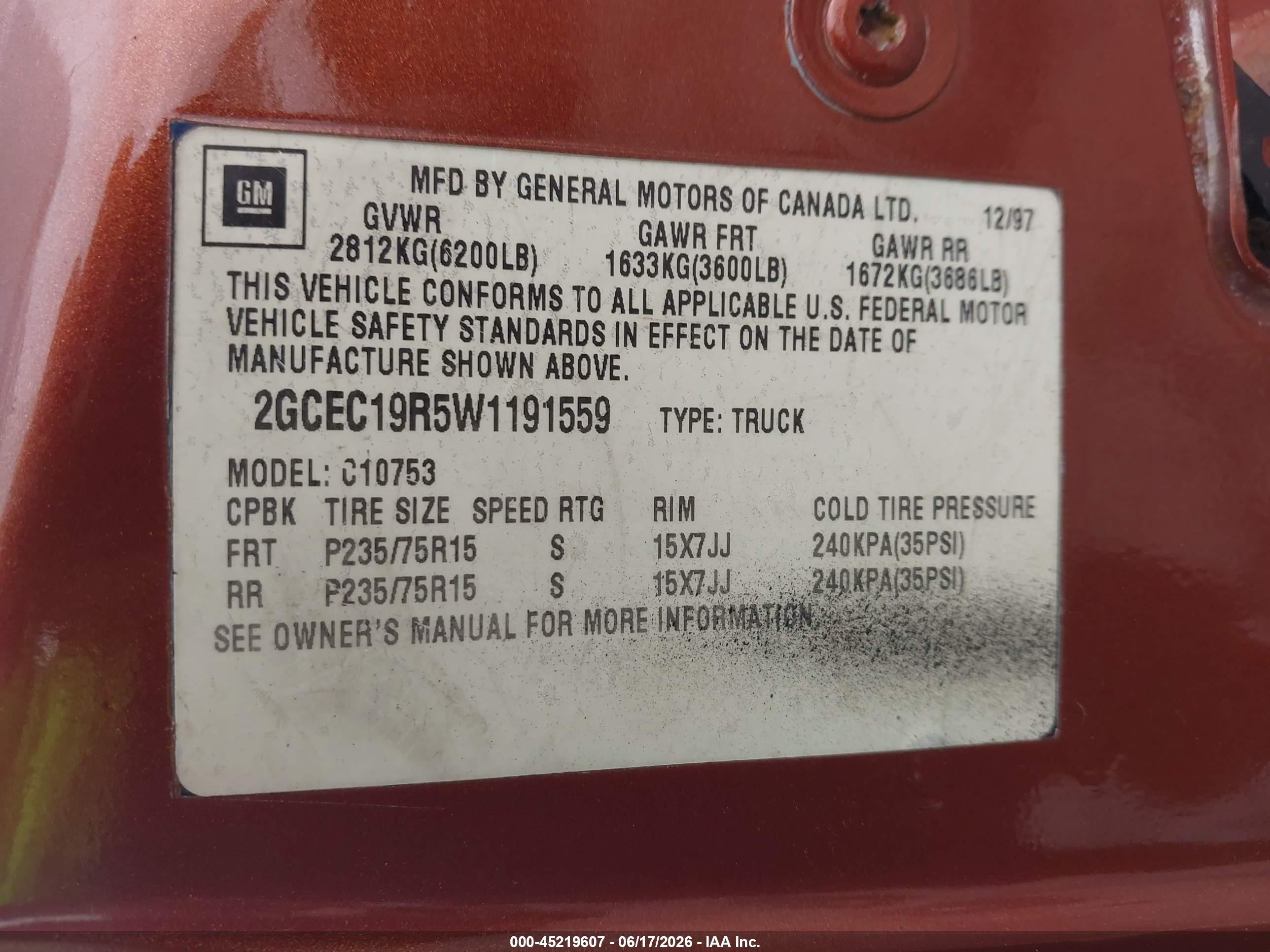 1998 Chevrolet C1500 Fleetside Orange vin: 2GCEC19R5W1191559