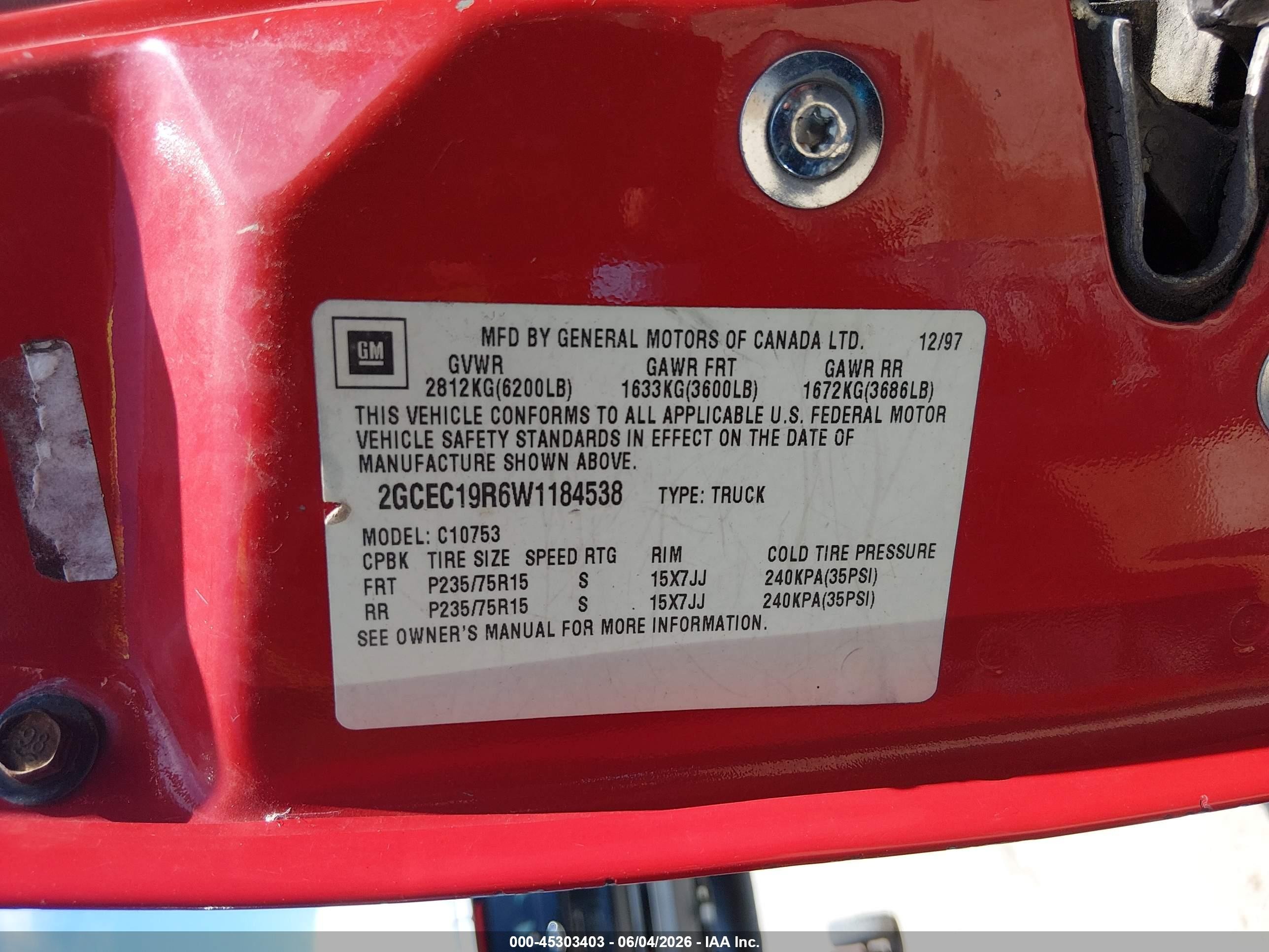 1998 Chevrolet C1500 Fleetside Red vin: 2GCEC19R6W1184538