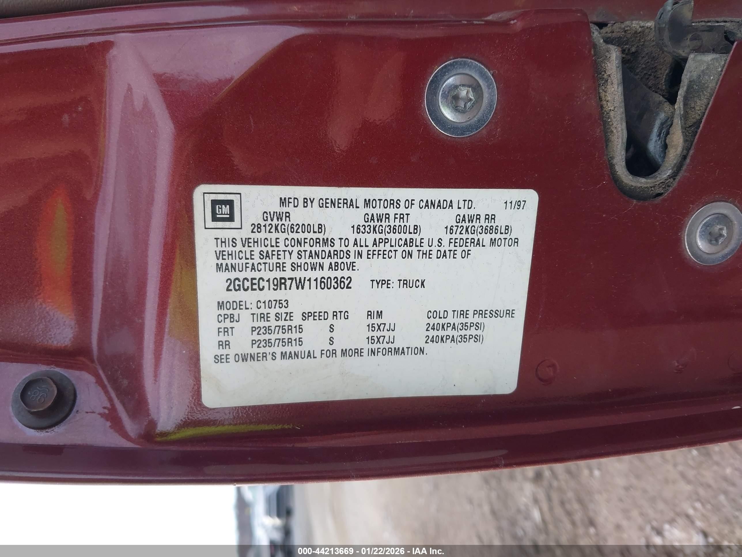 1998 Chevrolet C1500 Fleetside Burgundy vin: 2GCEC19R7W1160362