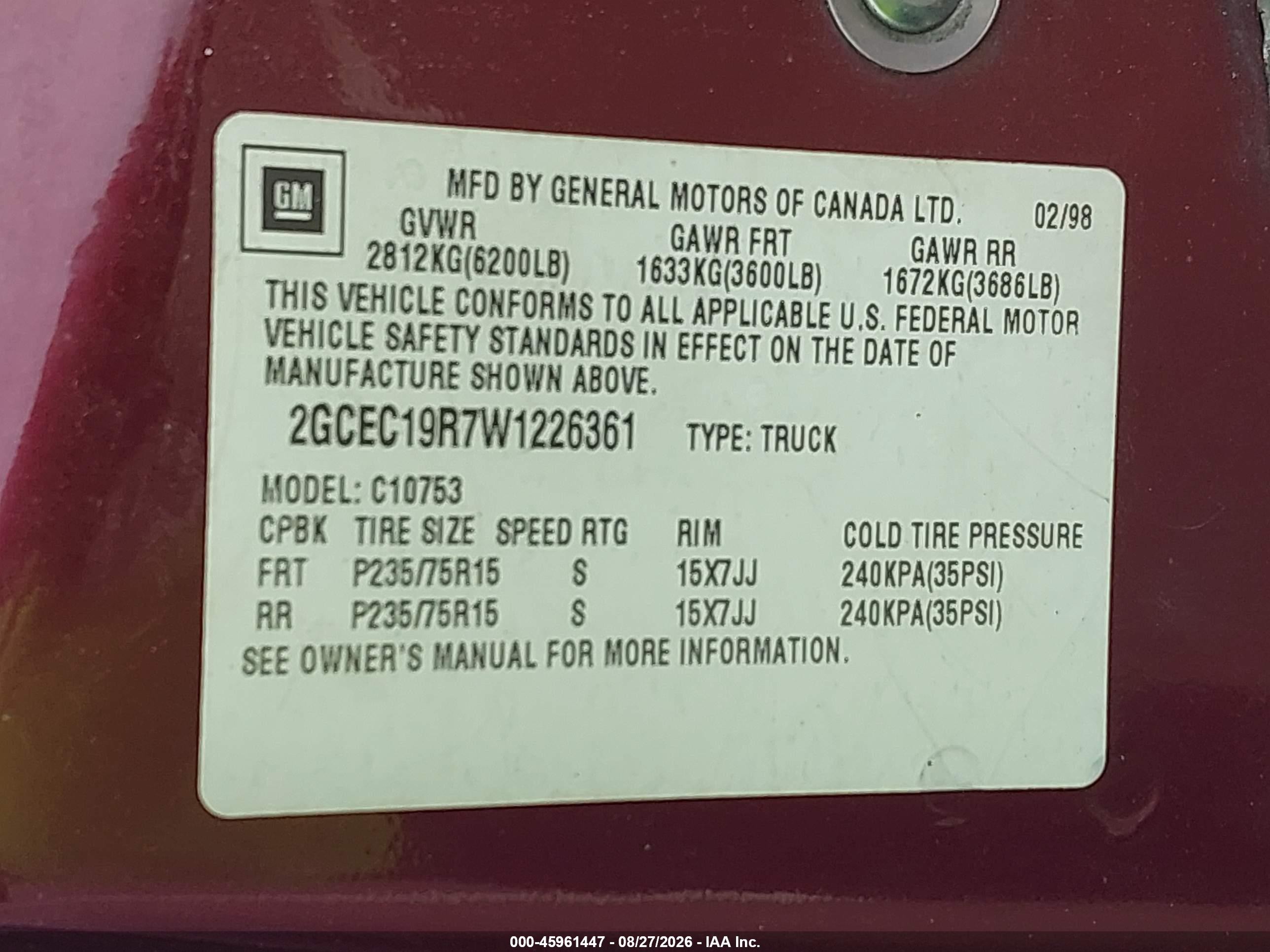 1998 Chevrolet C1500 Fleetside Maroon vin: 2GCEC19R7W1226361