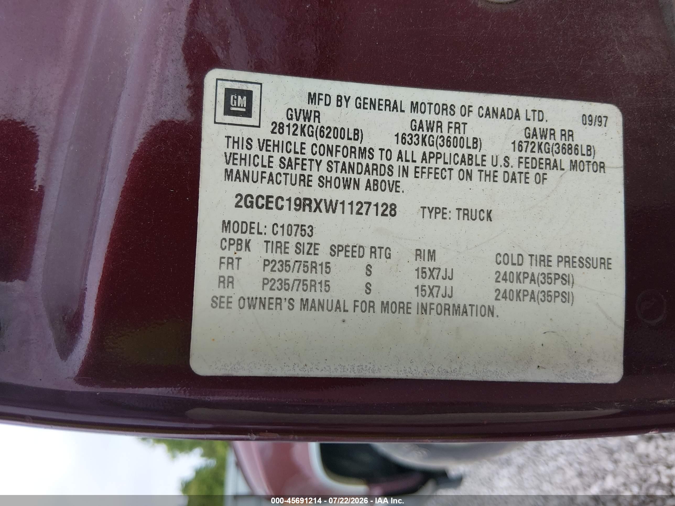 1998 Chevrolet C/k 1500 Fleetside Maroon vin: 2GCEC19RXW1127128