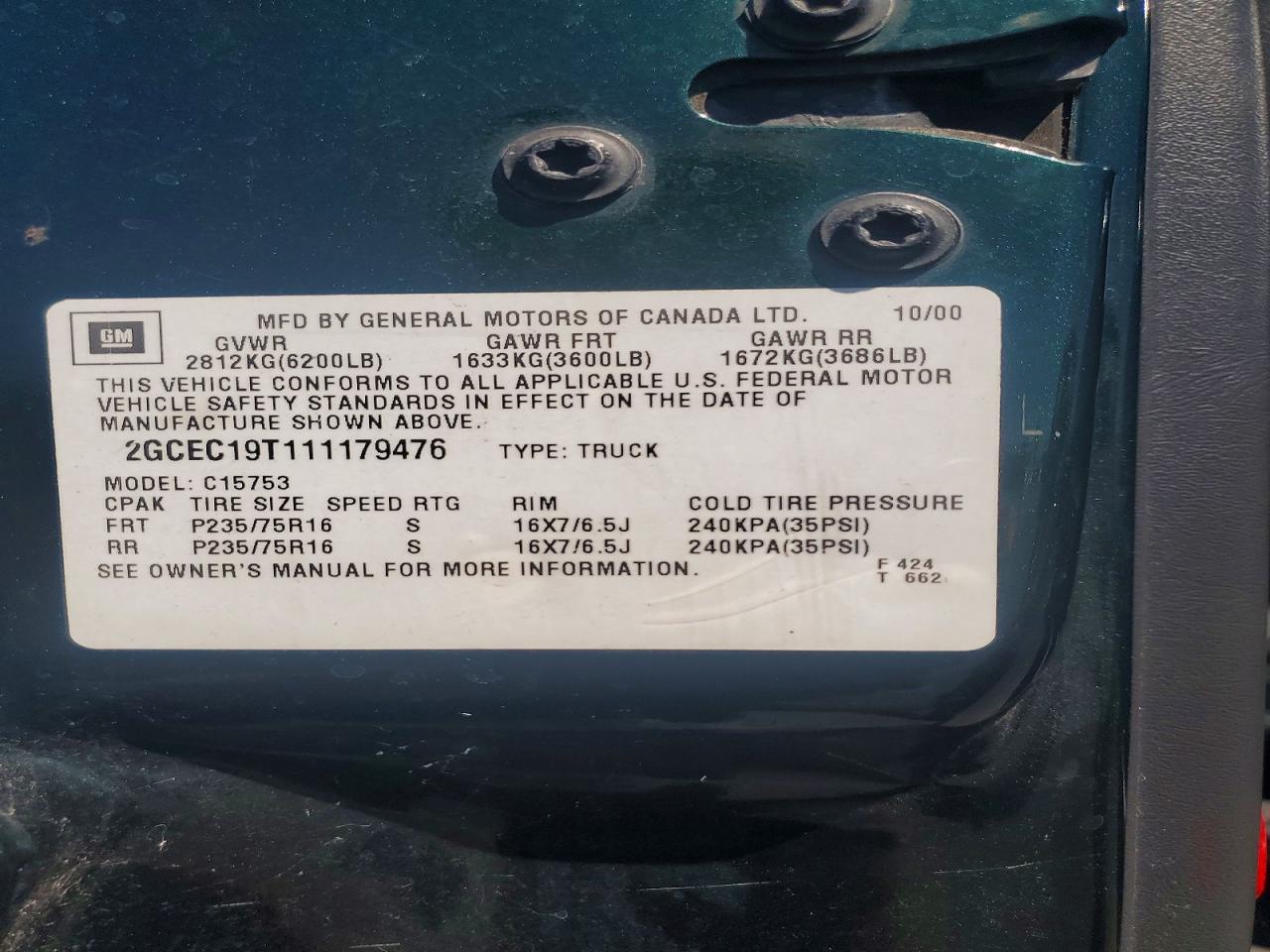 2001 Chevrolet Silverado C1500 Green vin: 2GCEC19T111179476