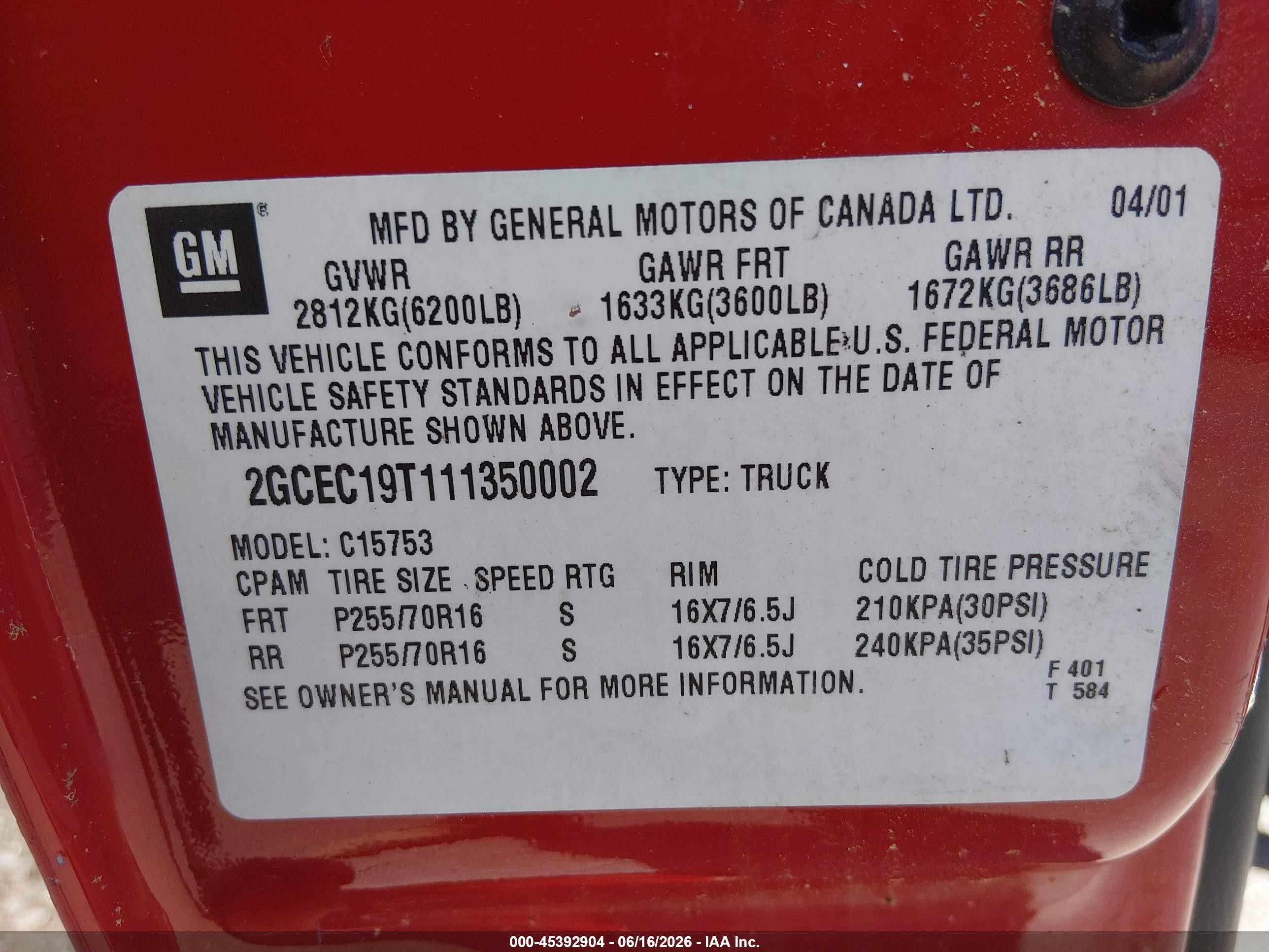 2001 Chevrolet Silverado 1500 Ls Red vin: 2GCEC19T111350002