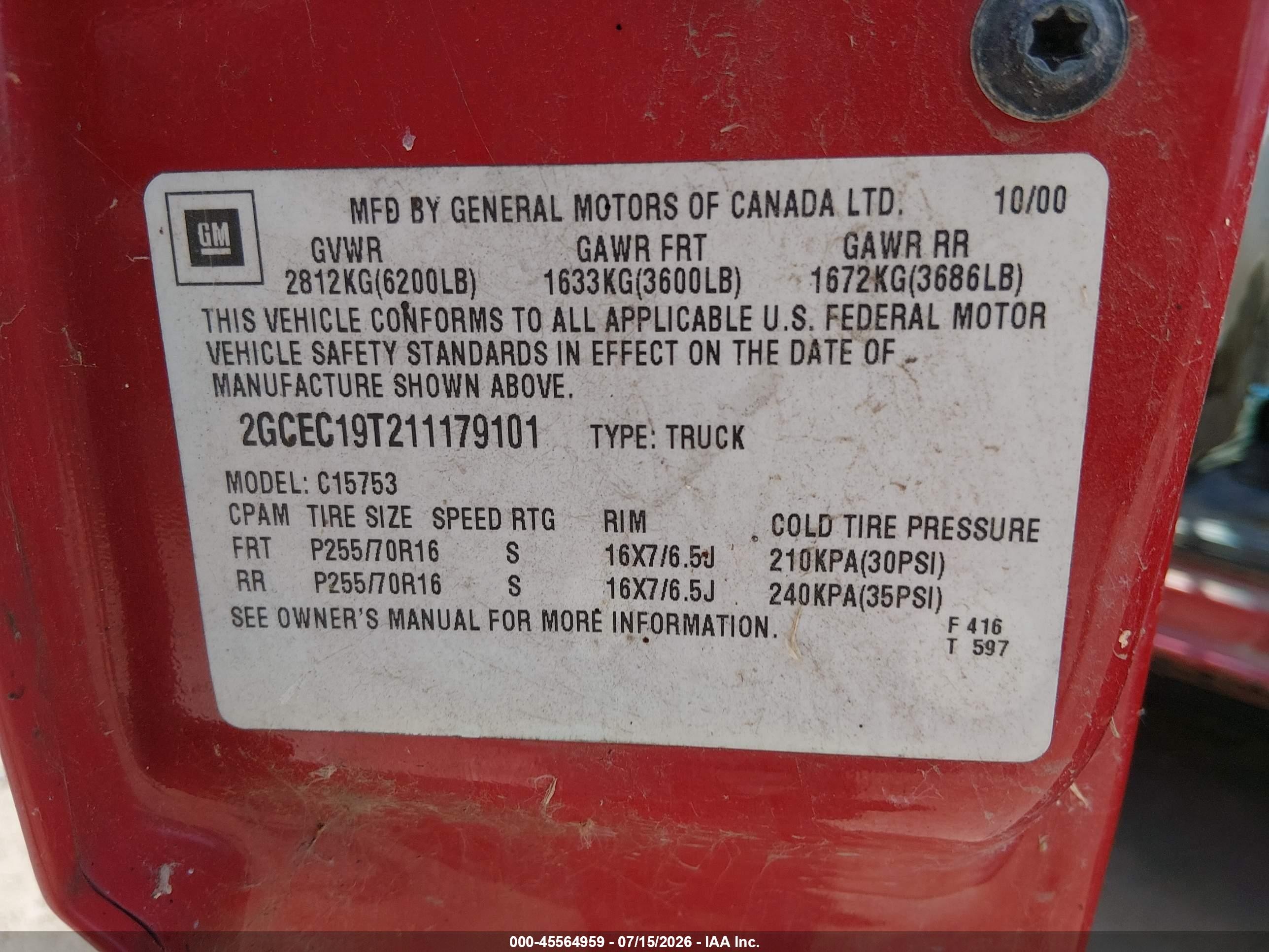 2001 Chevrolet Silverado 1500 Ls Red vin: 2GCEC19T211179101