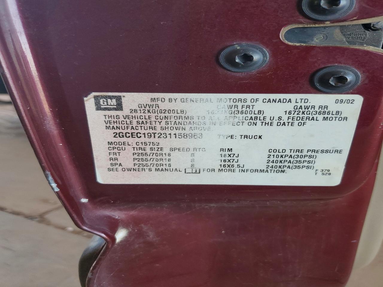 2003 Chevrolet Silverado C1500 Maroon vin: 2GCEC19T231158963