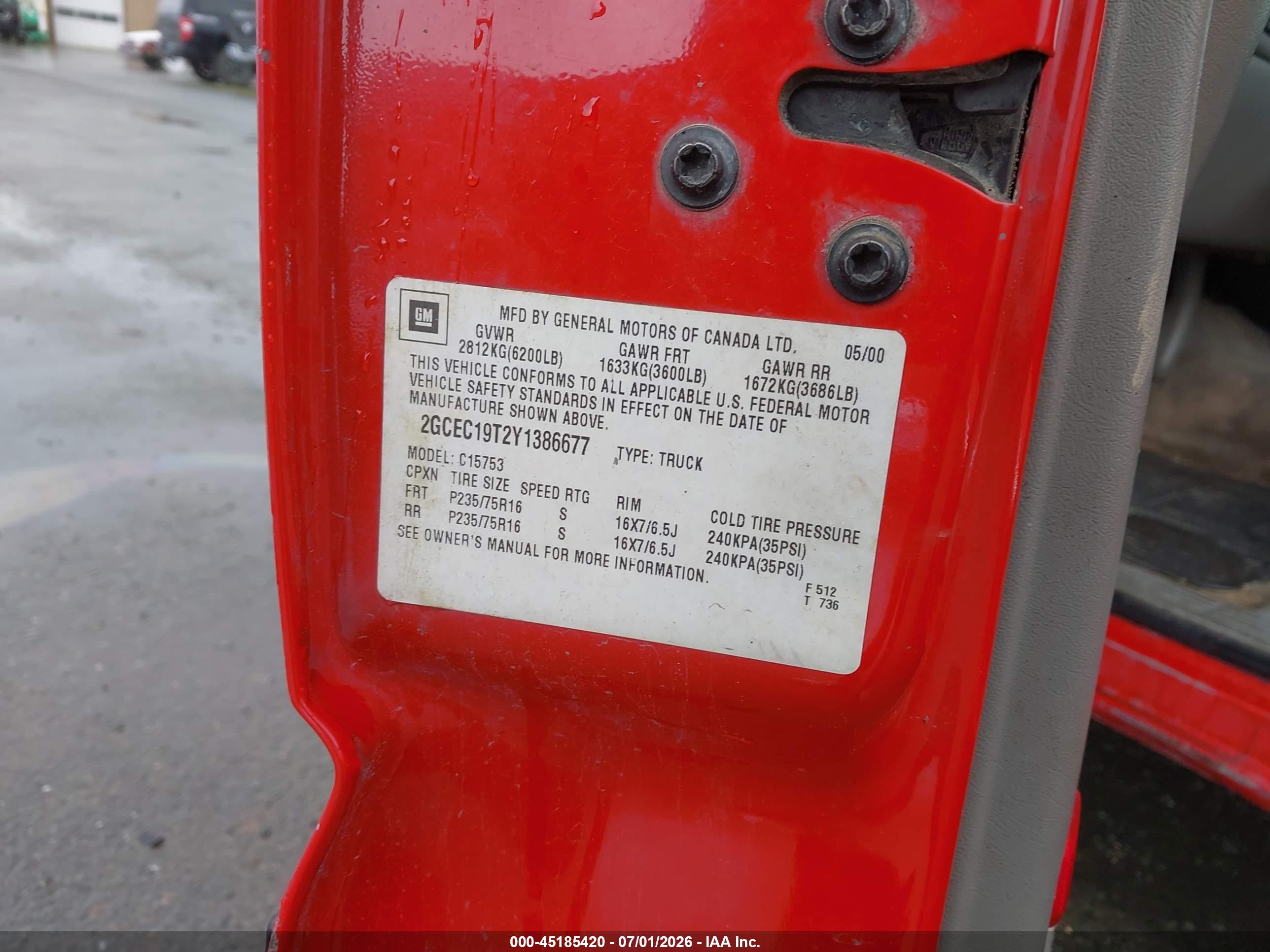 2000 Chevrolet Silverado 1500 Ls Red vin: 2GCEC19T2Y1386677