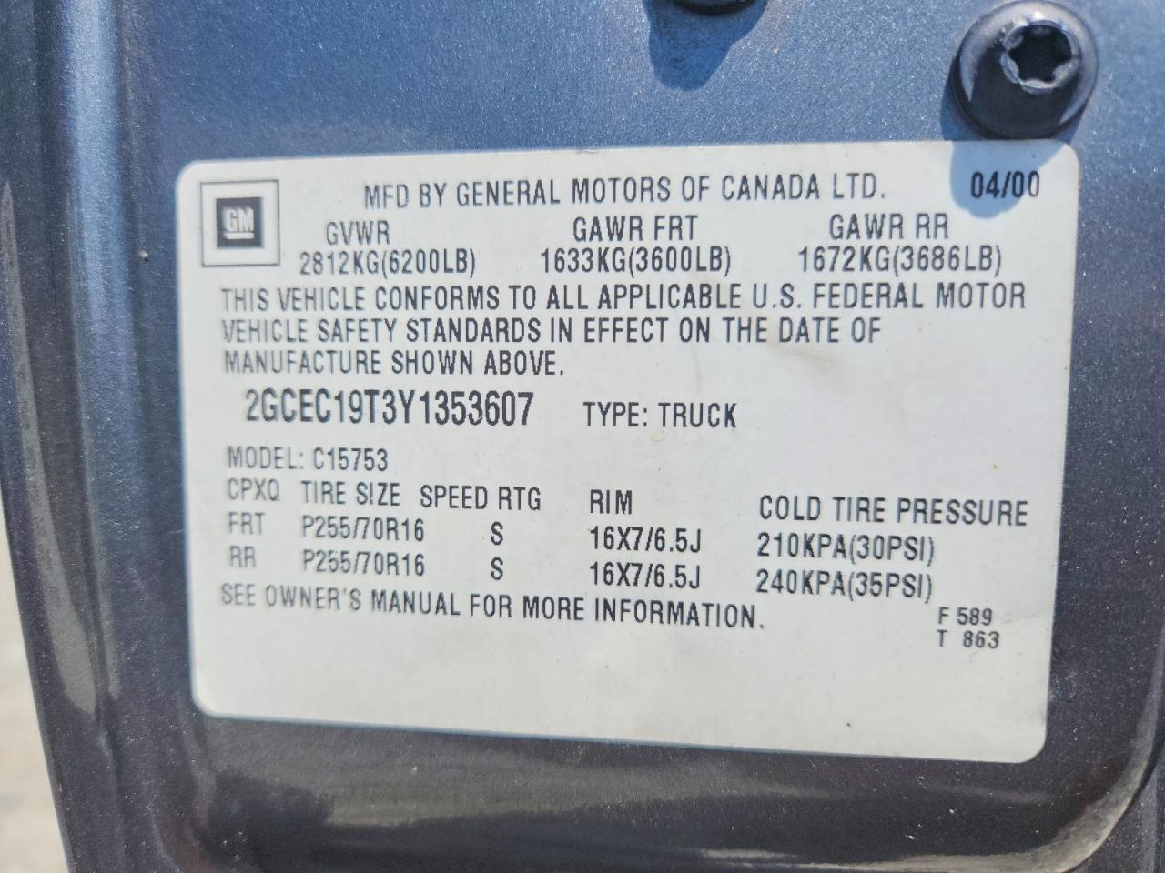 2000 Chevrolet Silverado C1500 Серый vin: 2GCEC19T3Y1353607