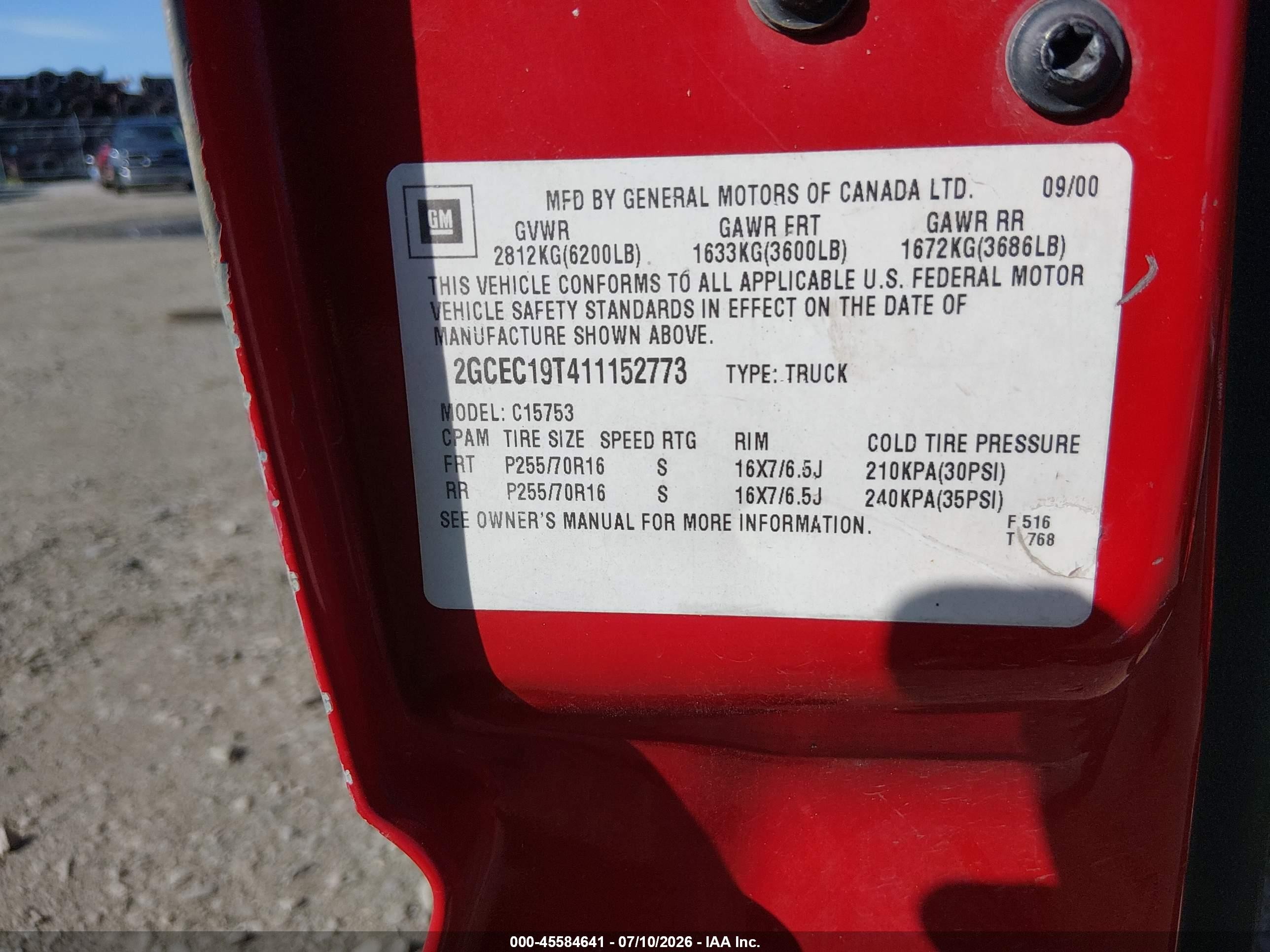 2001 Chevrolet Silverado 1500 Ls Red vin: 2GCEC19T411152773