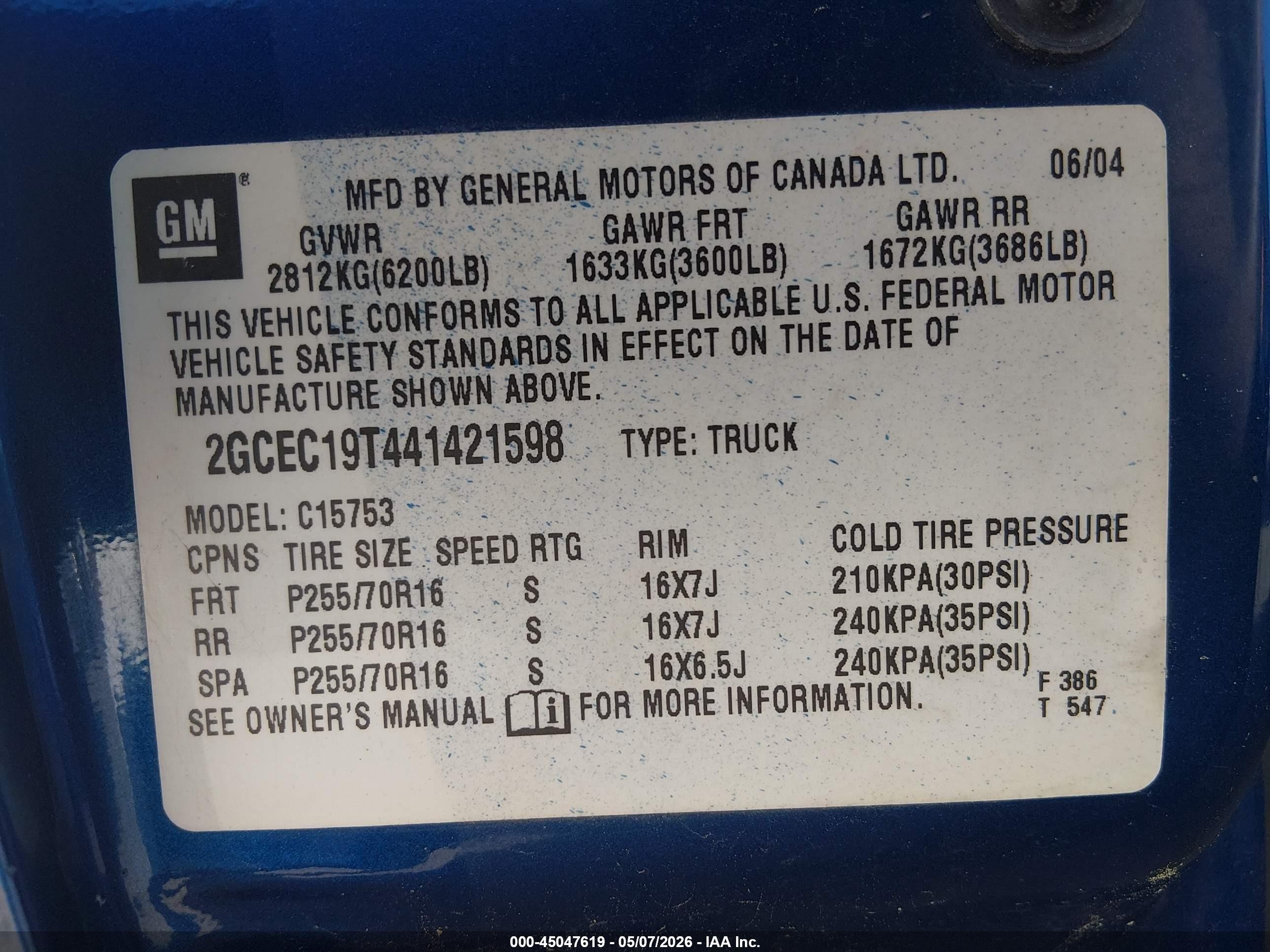 2004 Chevrolet Silverado 1500 Ls Blue vin: 2GCEC19T441421598