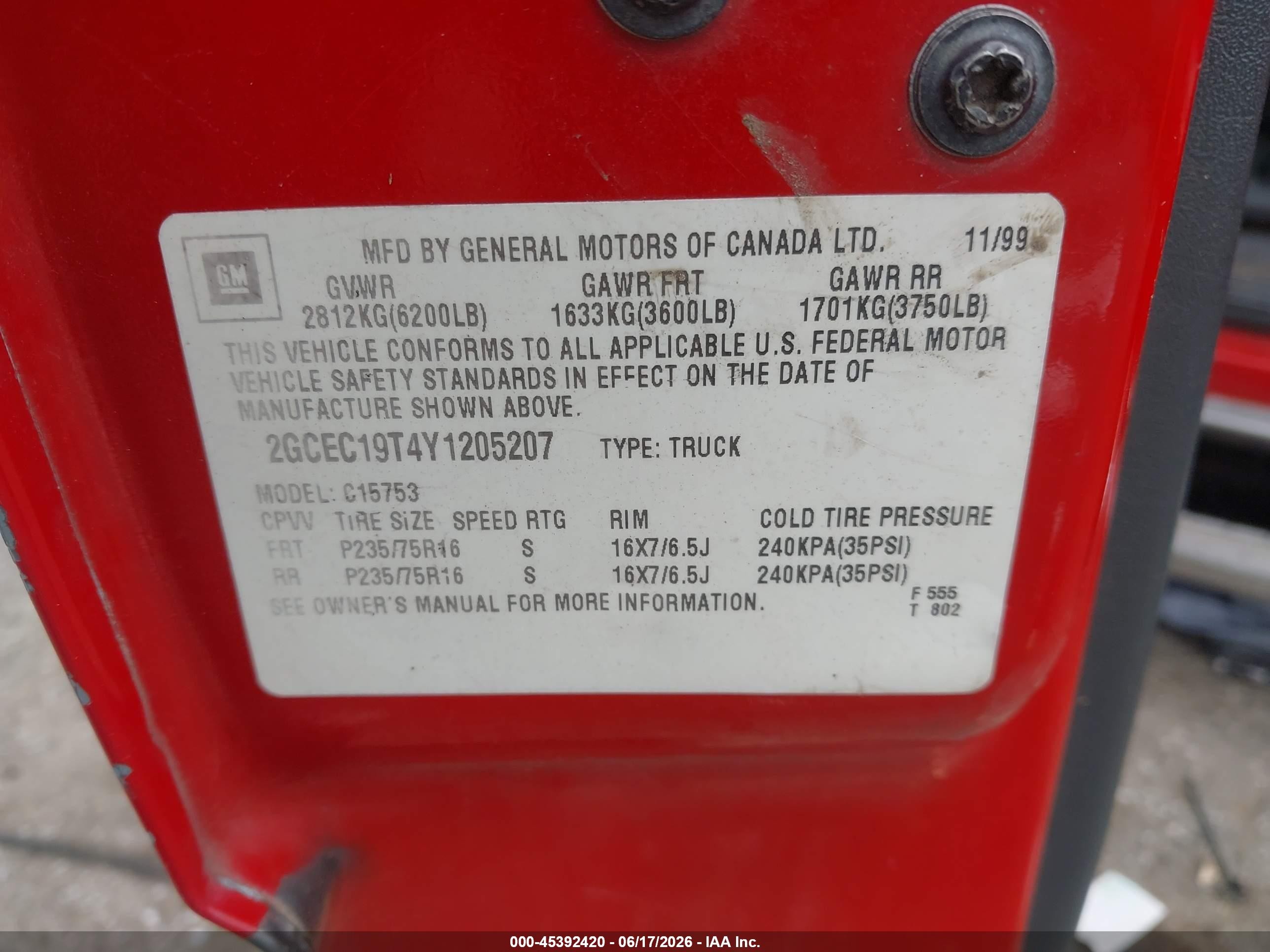 2000 Chevrolet Silverado 1500 Ls Red vin: 2GCEC19T4Y1205207