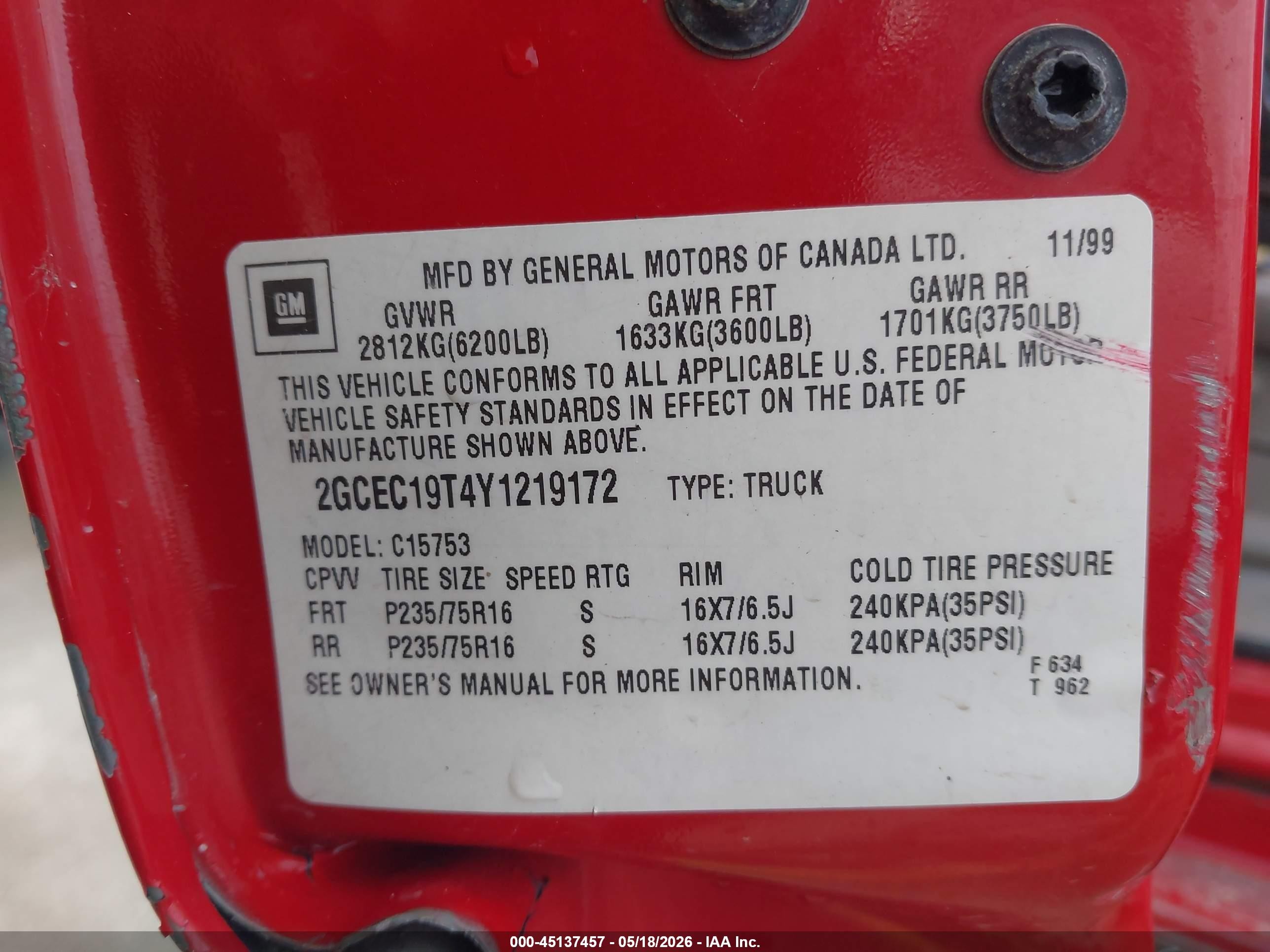 2000 Chevrolet Silverado 1500 Ls Red vin: 2GCEC19T4Y1219172
