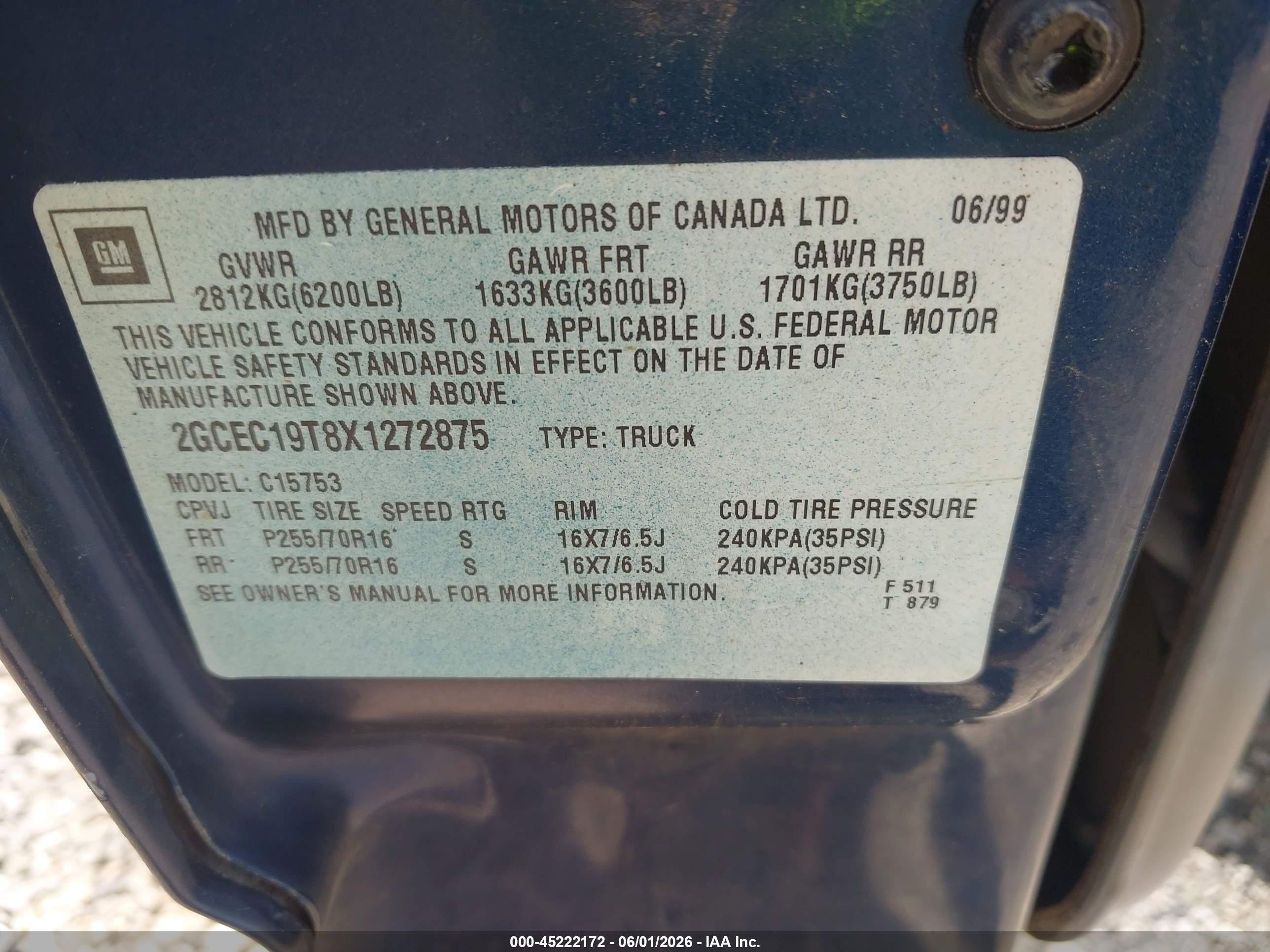 1999 Chevrolet Silverado 1500 Lt Blue vin: 2GCEC19T8X1272875