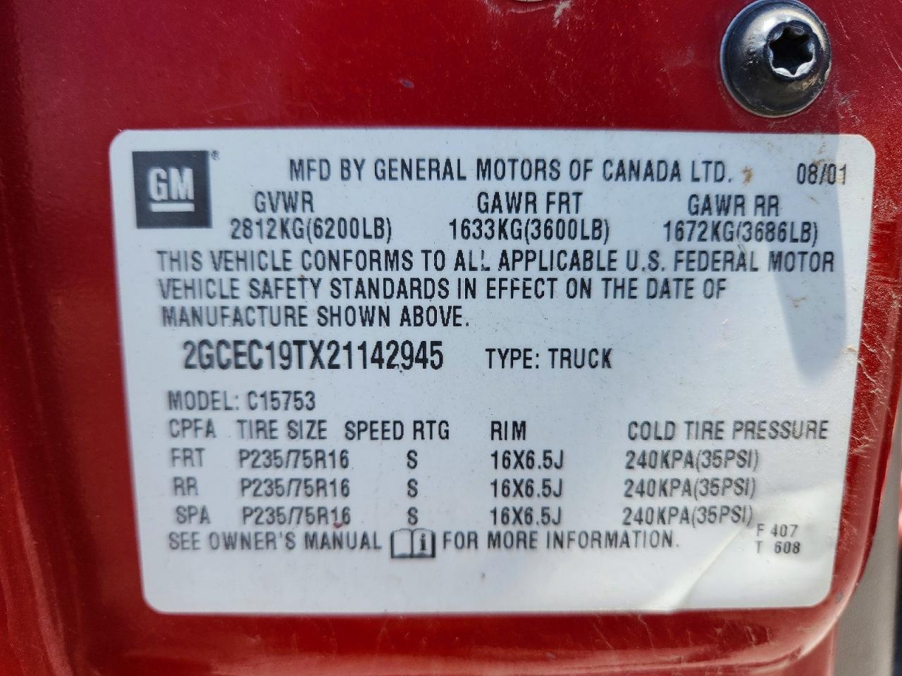 2002 Chevrolet Silverado C1500 Red vin: 2GCEC19TX21142945
