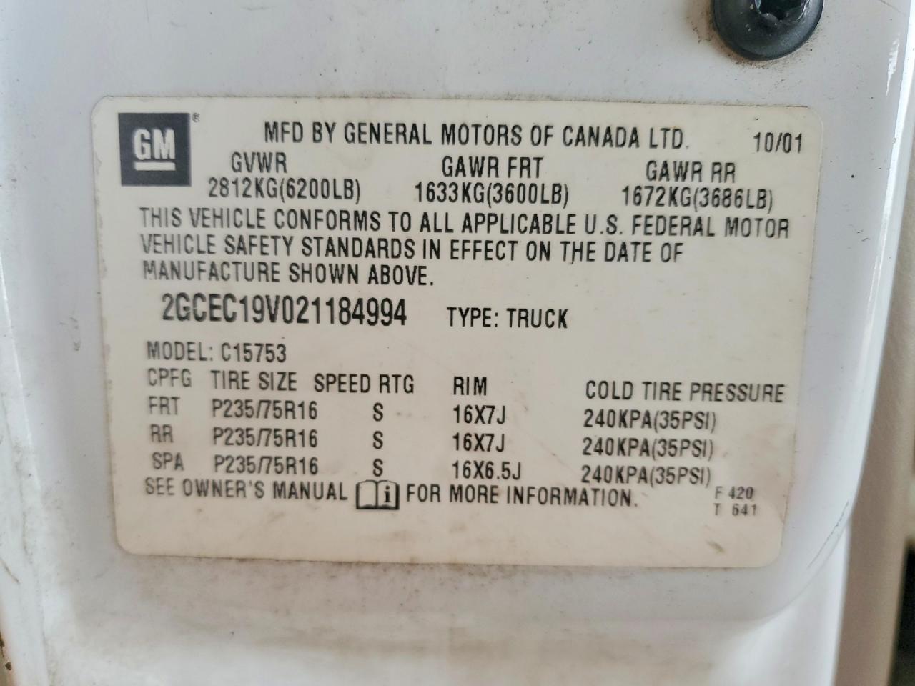 2002 Chevrolet Silverado C1500 White vin: 2GCEC19V021184994