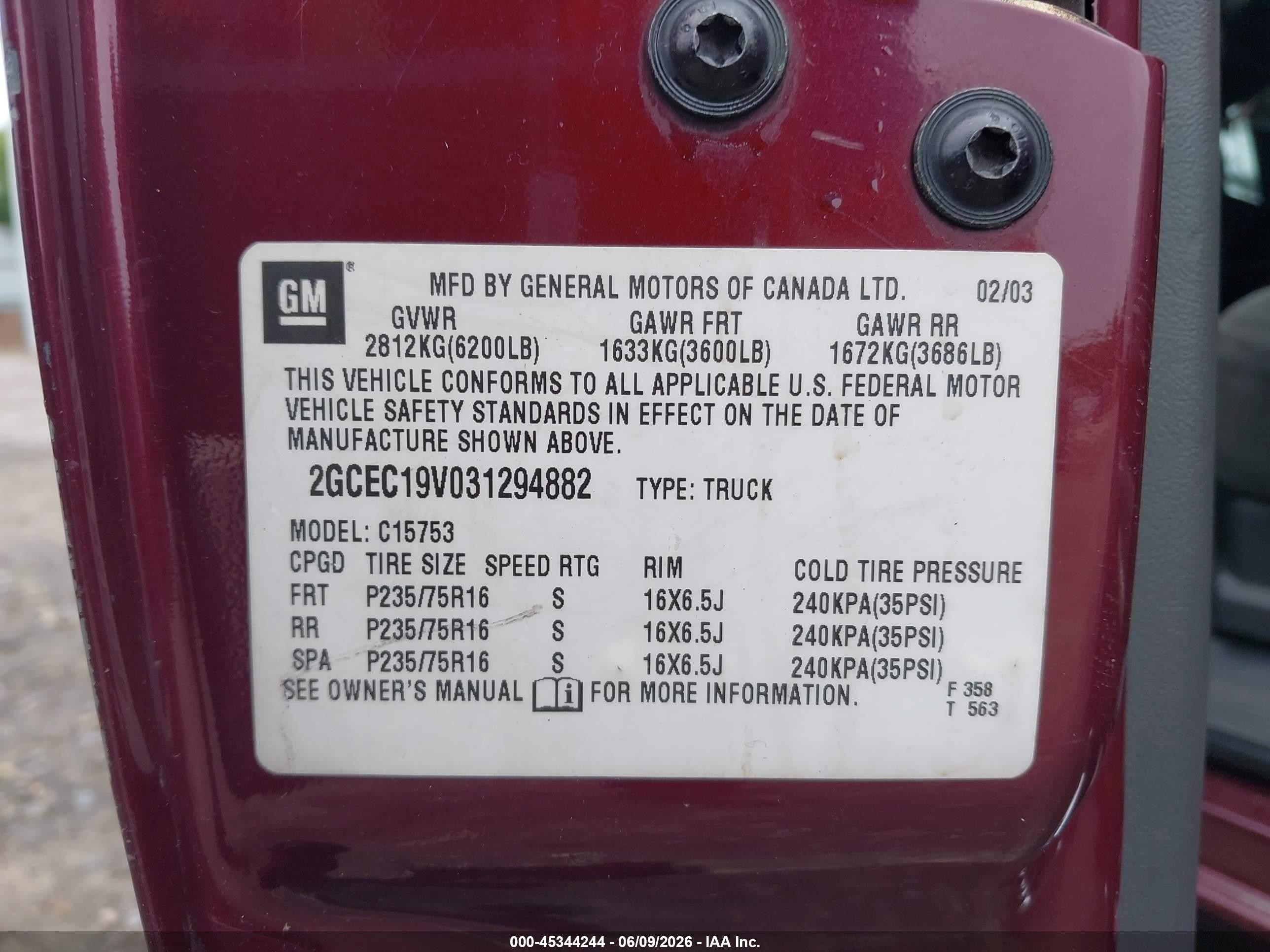 2003 Chevrolet Silverado 1500 Ls Burgundy vin: 2GCEC19V031294882