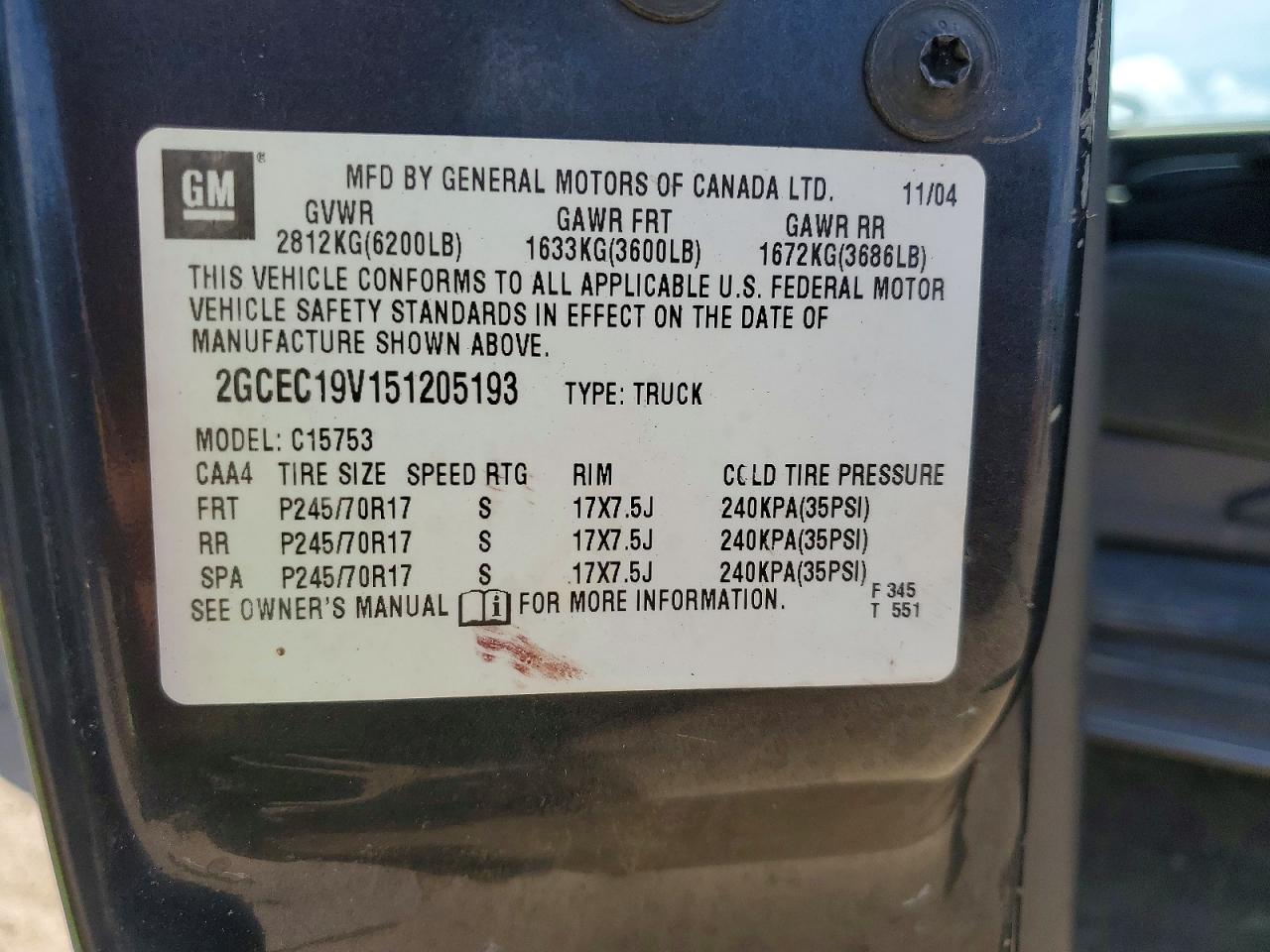 2005 Chevrolet Silverado C1500 Charcoal vin: 2GCEC19V151205193