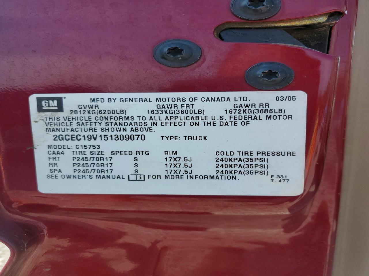 2005 Chevrolet Silverado C1500 Burgundy vin: 2GCEC19V151309070