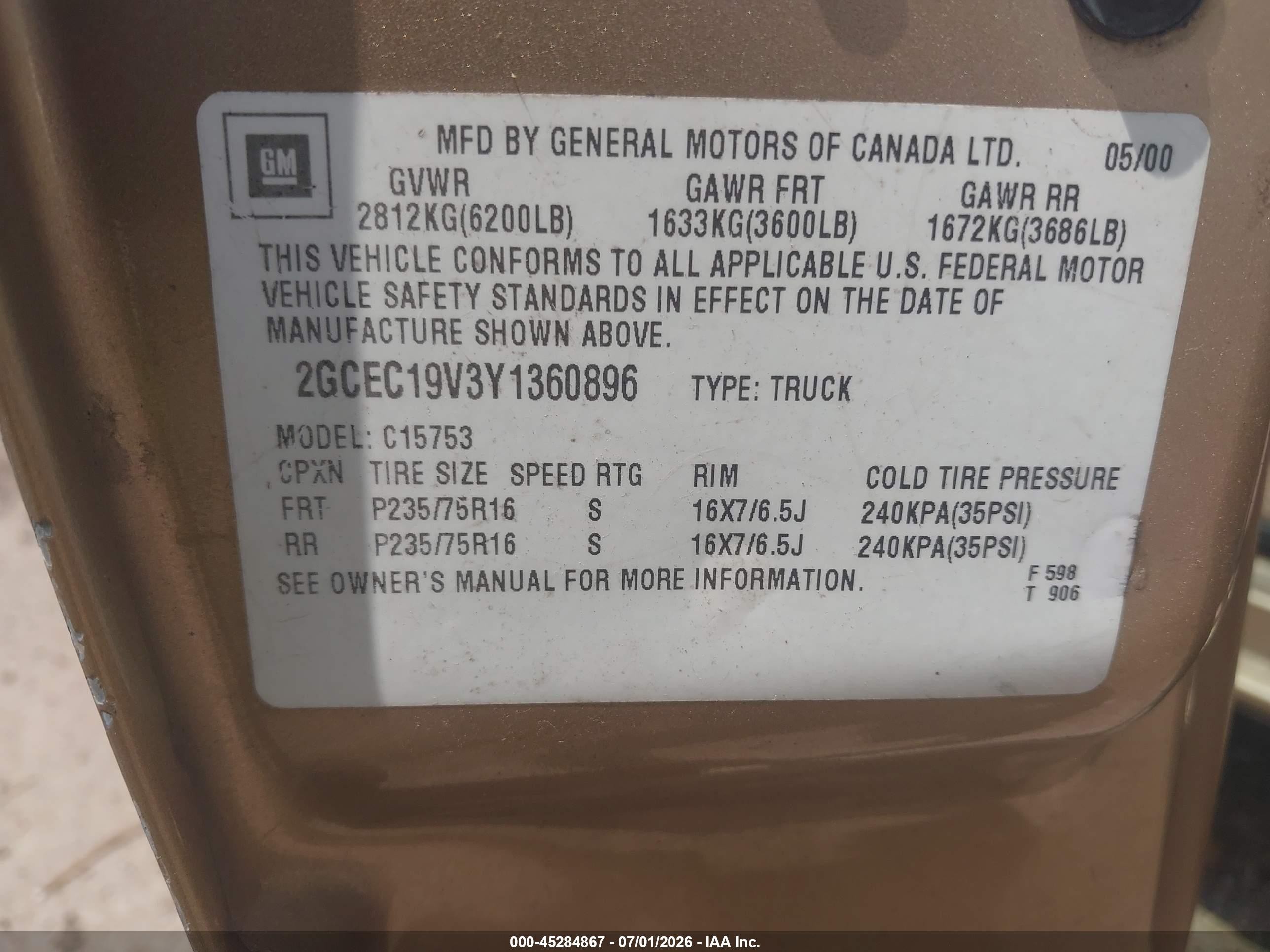 2000 Chevrolet Silverado 1500 Ls Tan vin: 2GCEC19V3Y1360896