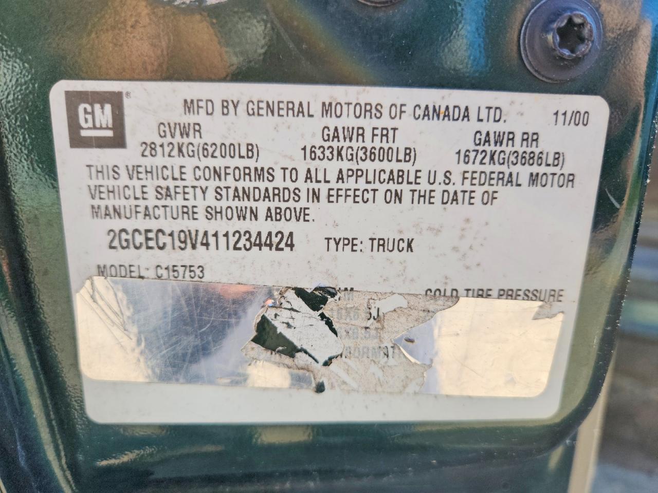 2001 Chevrolet Silverado Green vin: 2GCEC19V411234424
