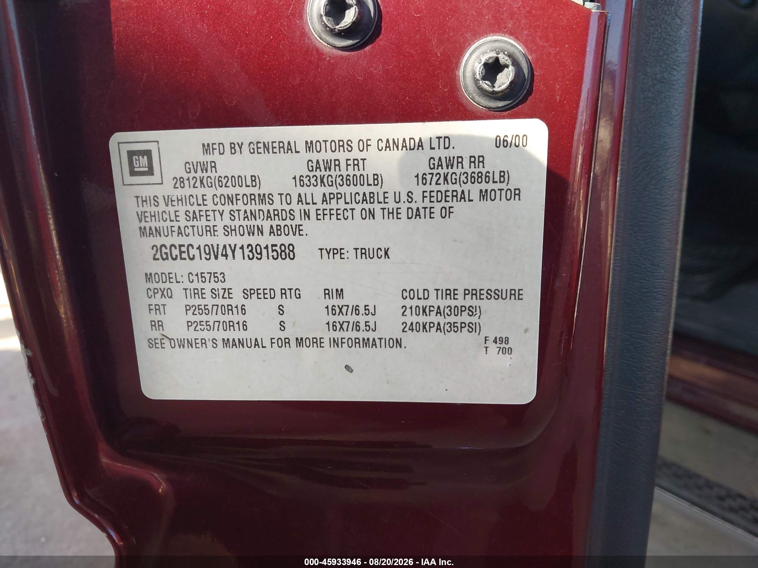 2000 Chevrolet Silverado 1500 Ls Burgundy vin: 2GCEC19V4Y1391588