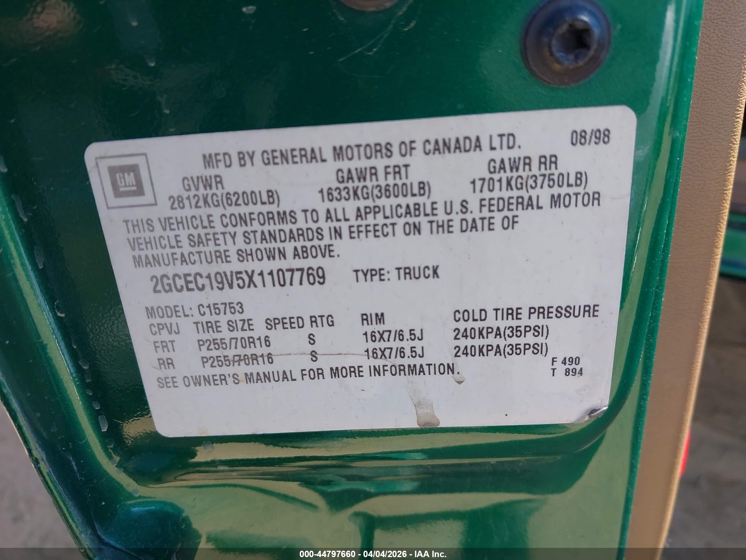 1999 Chevrolet Silverado 1500 Ls Зеленый vin: 2GCEC19V5X1107769