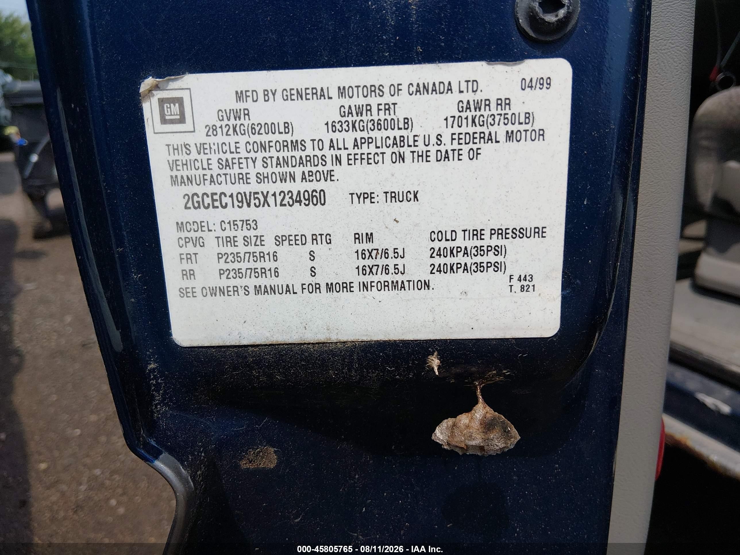 1999 Chevrolet Silverado 1500 Ls Blue vin: 2GCEC19V5X1234960