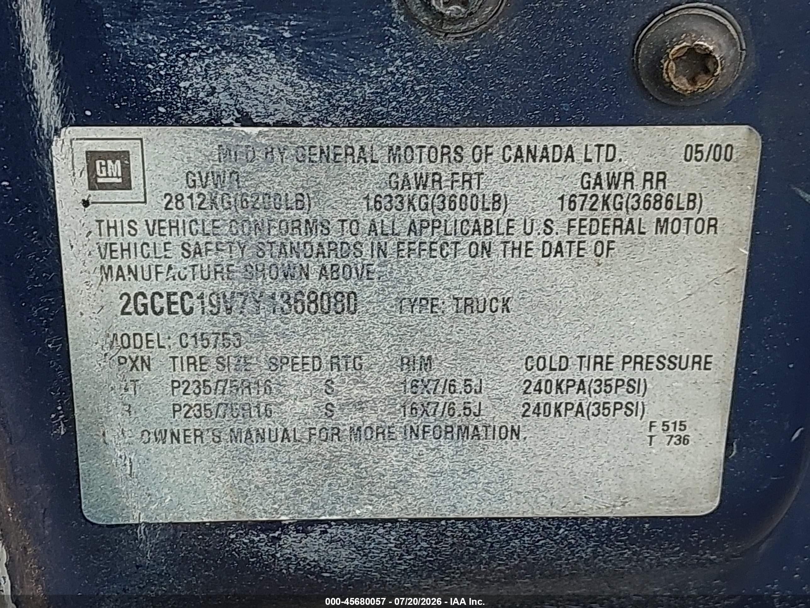2000 Chevrolet Silverado 1500 Ls Blue vin: 2GCEC19V7Y1368080