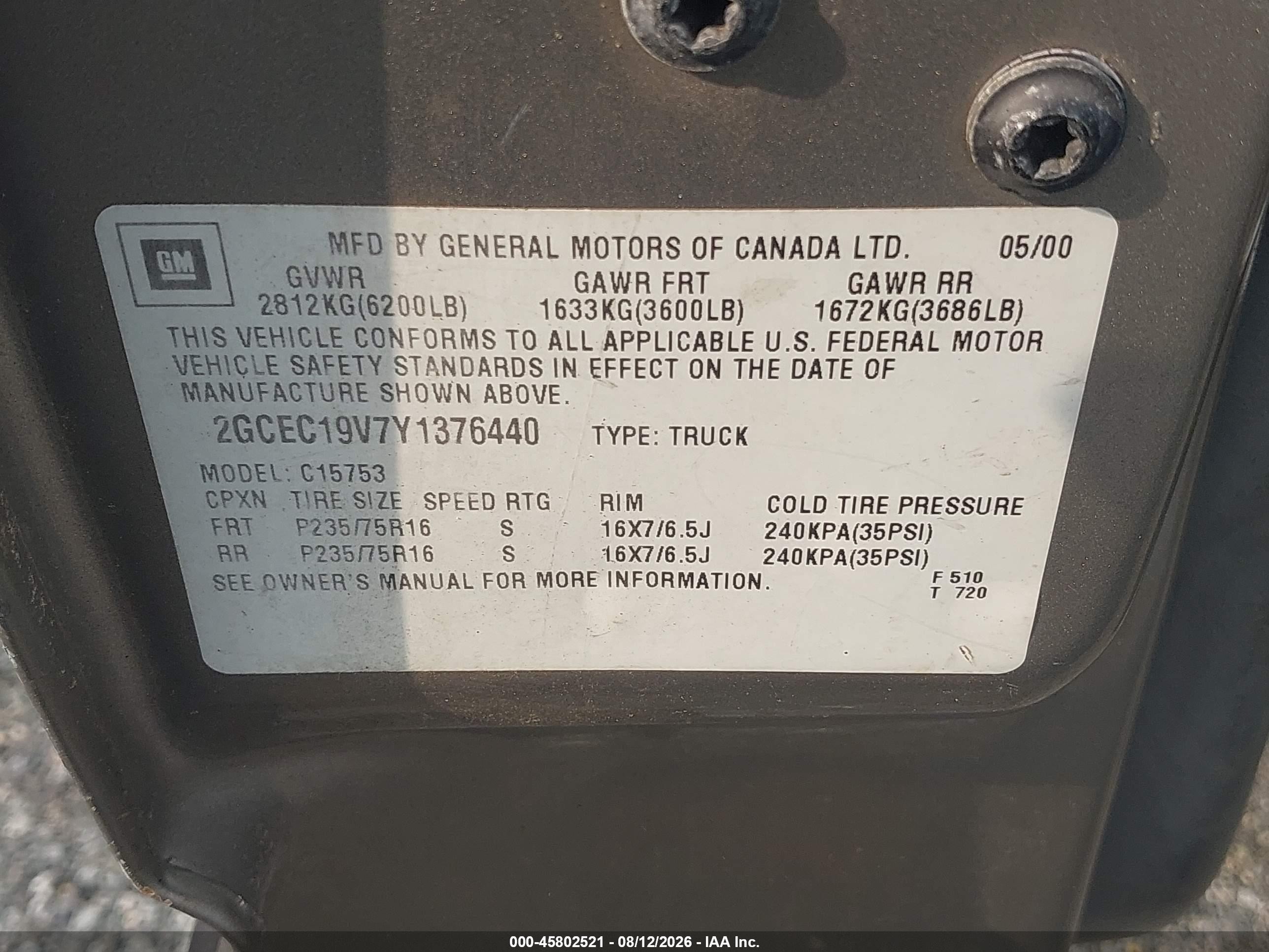2000 Chevrolet Silverado 1500 Желто-коричневый vin: 2GCEC19V7Y1376440