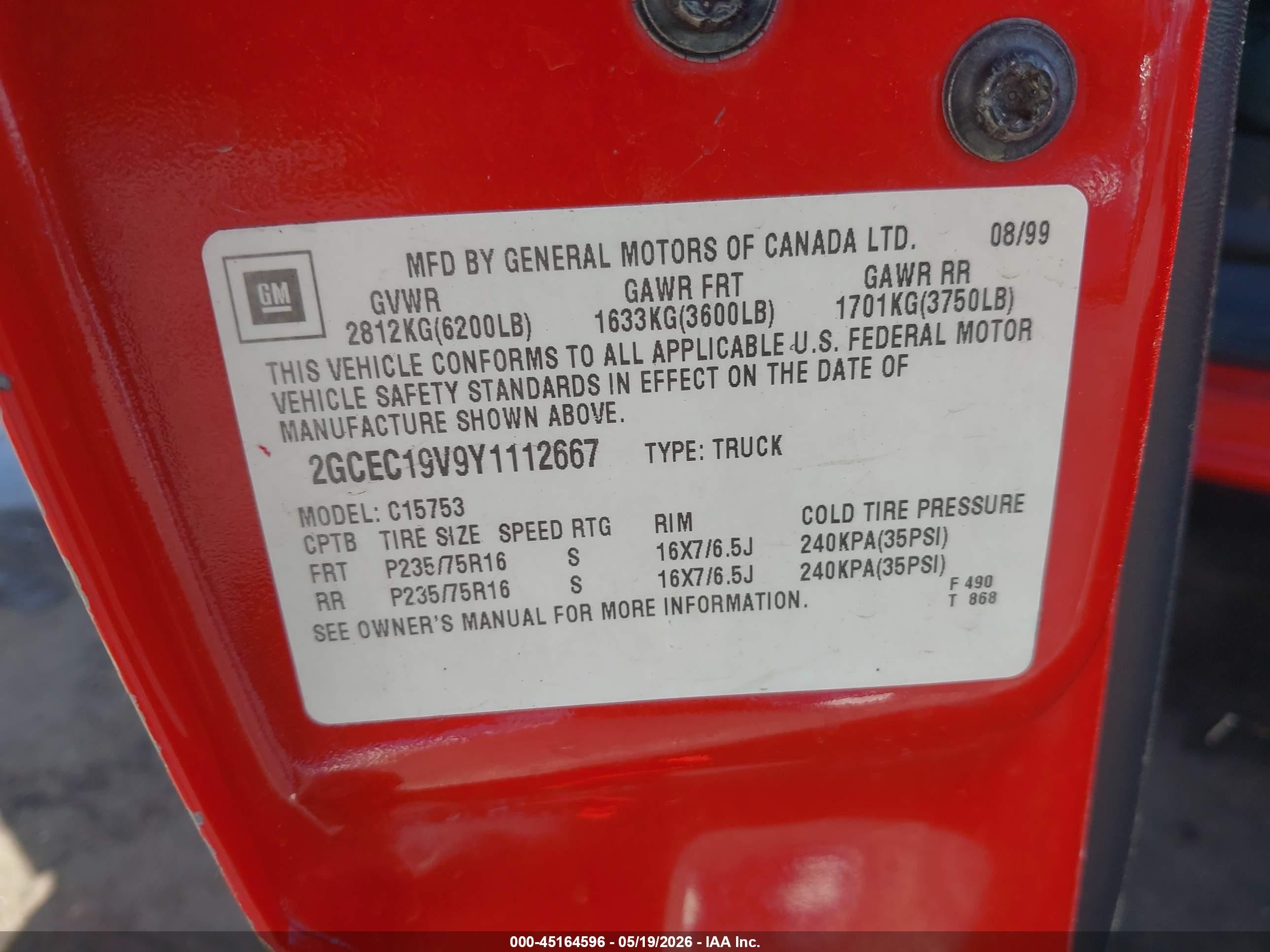 2000 Chevrolet Silverado 1500 Ls Red vin: 2GCEC19V9Y1112667