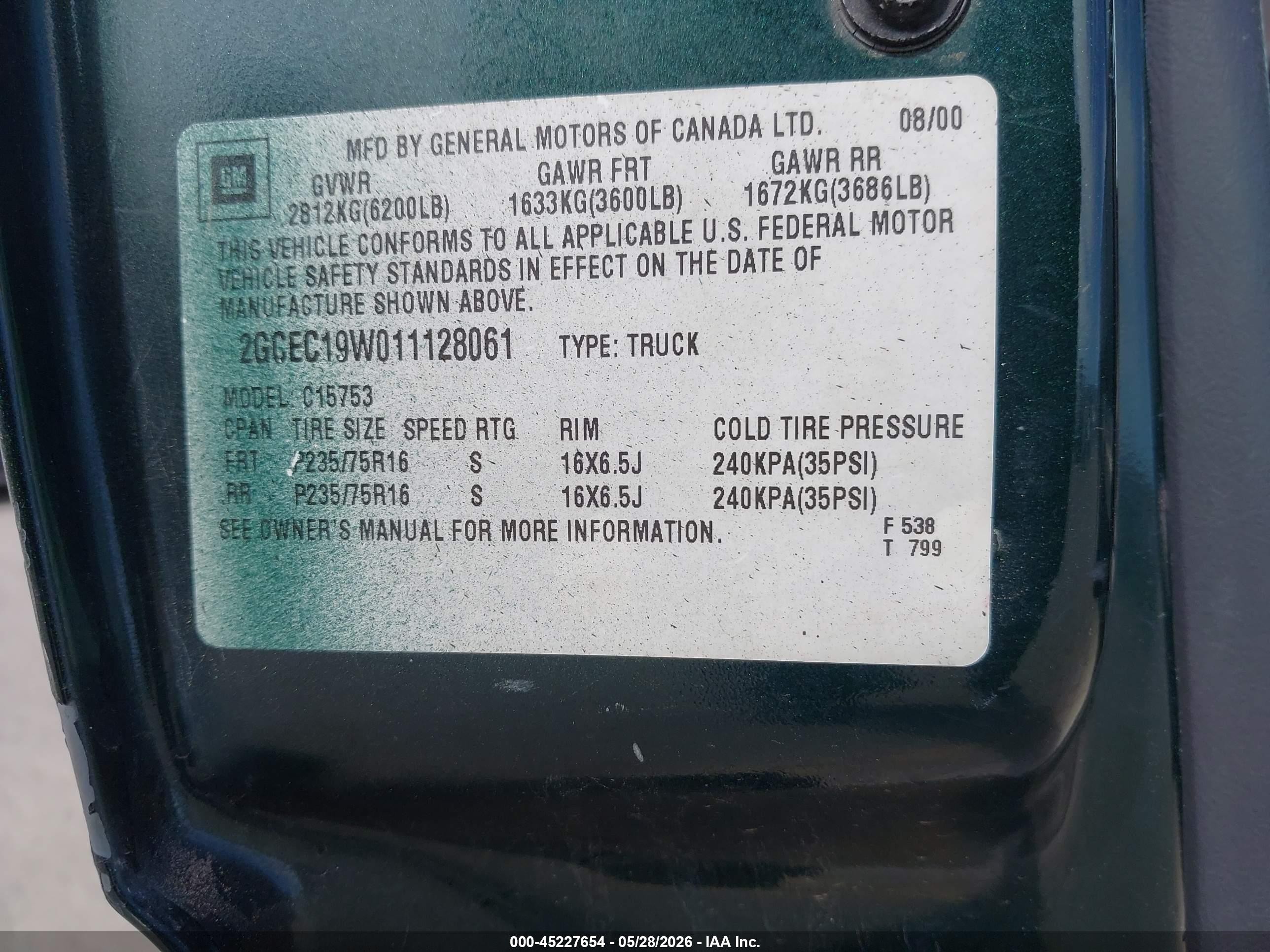 2001 Chevrolet Silverado 1500   Green vin: 2GCEC19W011128061