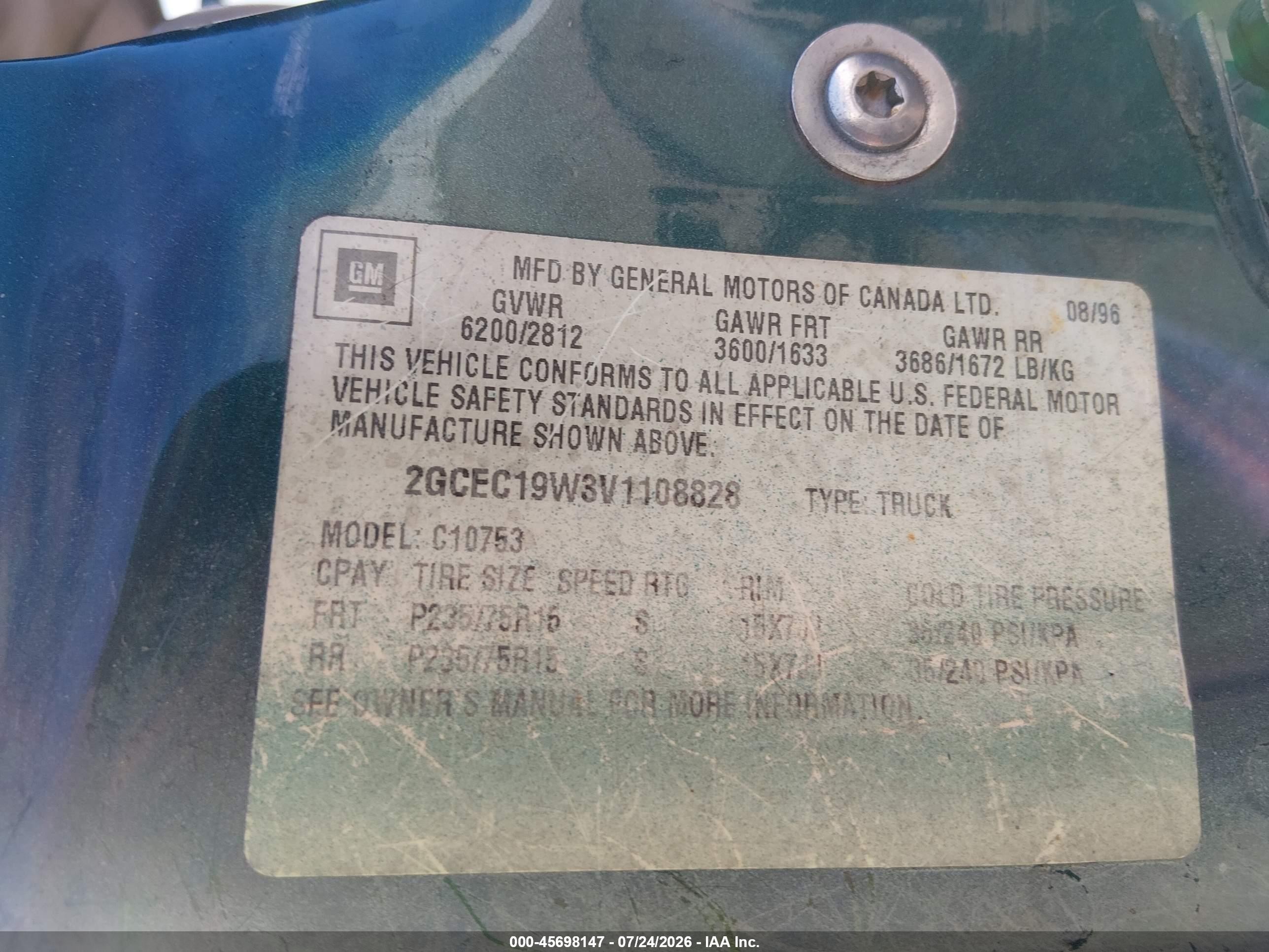 1997 Chevrolet C1500 Fleetside Green vin: 2GCEC19W3V1108828